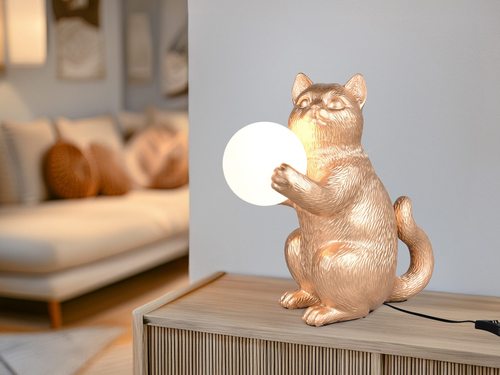 Reality Leuchten LED Nachttischlampe Katzenlampe mit Kugel, Höhe 30cm, Dimmfunktion, LED wechselbar, warmweiß, besondere außergewöhnlich-e Tischlampe ausgefallen-e Tierlampe Gold-en
