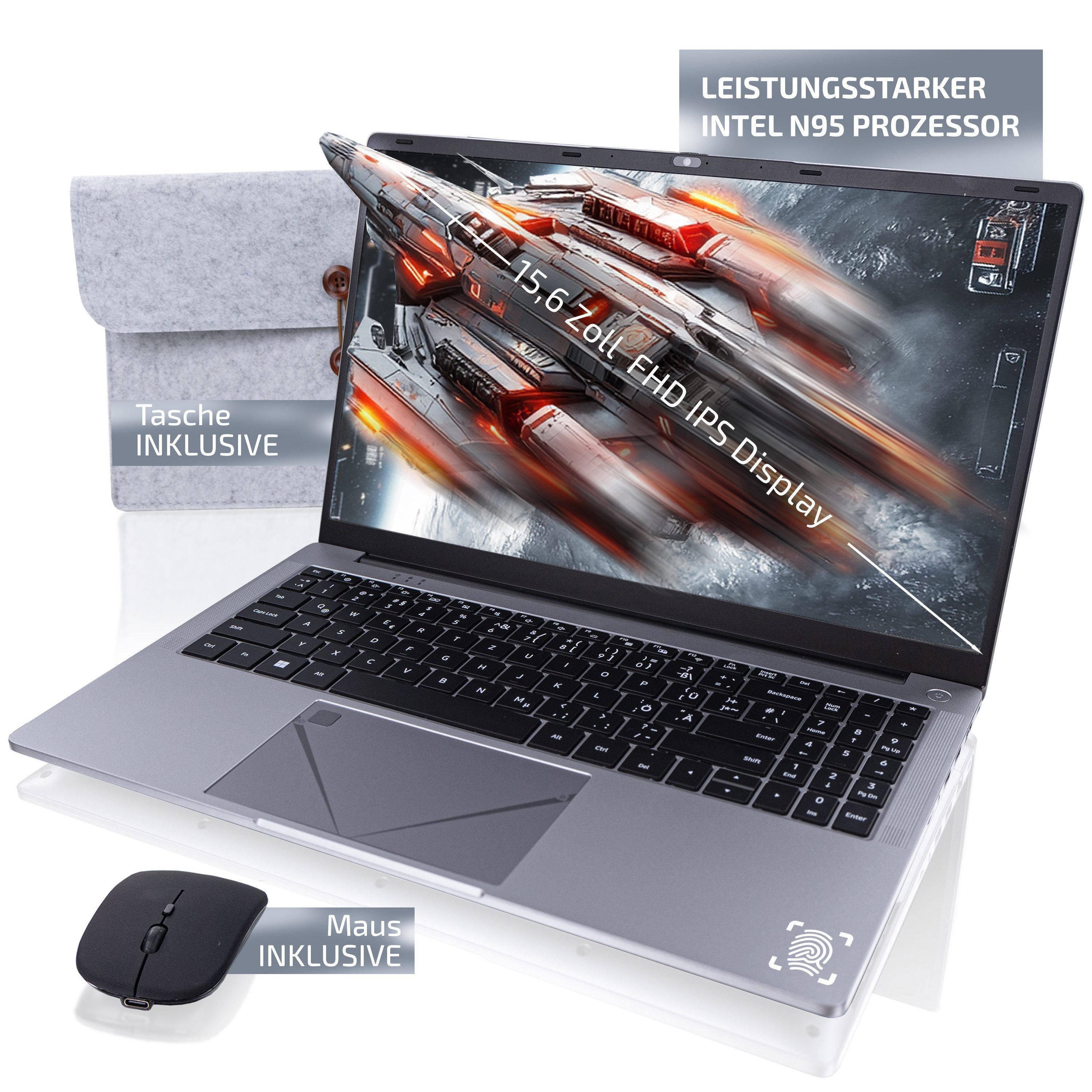 Goldstern-Tech Elitebook Notebook (39,60 cm/15.6 Zoll, Intel Celeron N95, Intel UHD, 512 GB SSD, Windows 11 Pro, Full-HD Display, Federleicht Design)