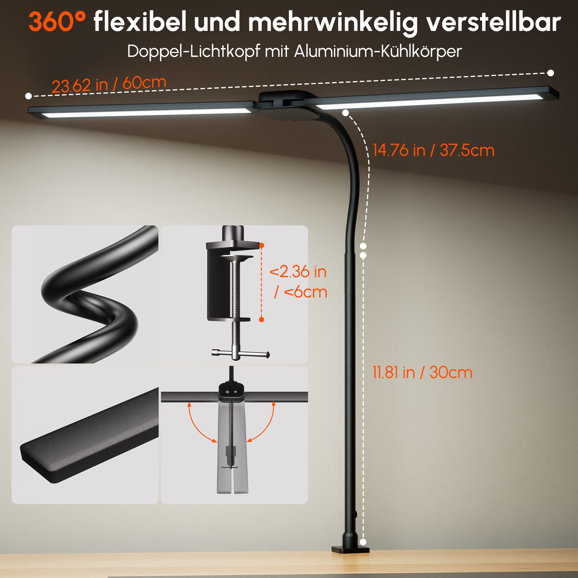 Quntis LED Schreibtischlampe LED Schreibtischlampe Dimmbar Doppelkopf klemmbar für Home Office, LED fest integriert, weißes Licht 5500-6000K warmes Licht 3200-3 – Bild 5 von 5