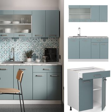 Livinity® Küchenzeile R-Line, Blau-Grau/Weiß, 140 cm, AP Anthrazit