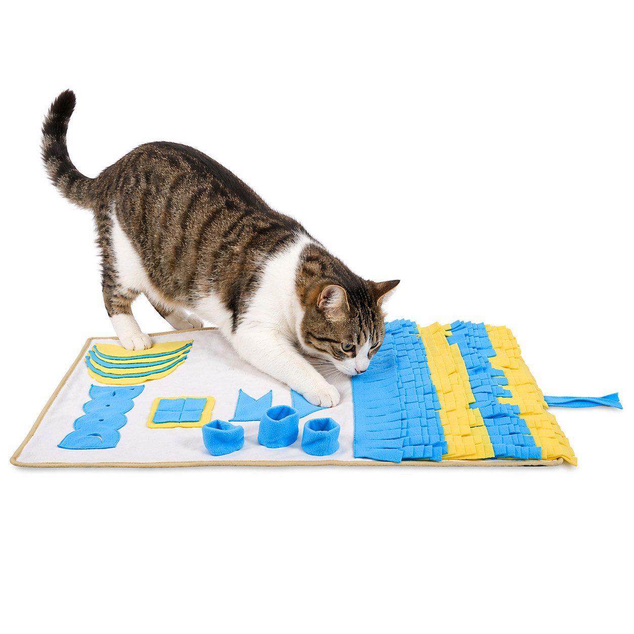 lionto Tier-Beschäftigungsspielzeug für Katzen, Futterspielmatte 100x60 cm, gelb/blau, Polyester, mit Anti-Rutsch-Unterseite, zur geistigen Förderung & Stressreduktion