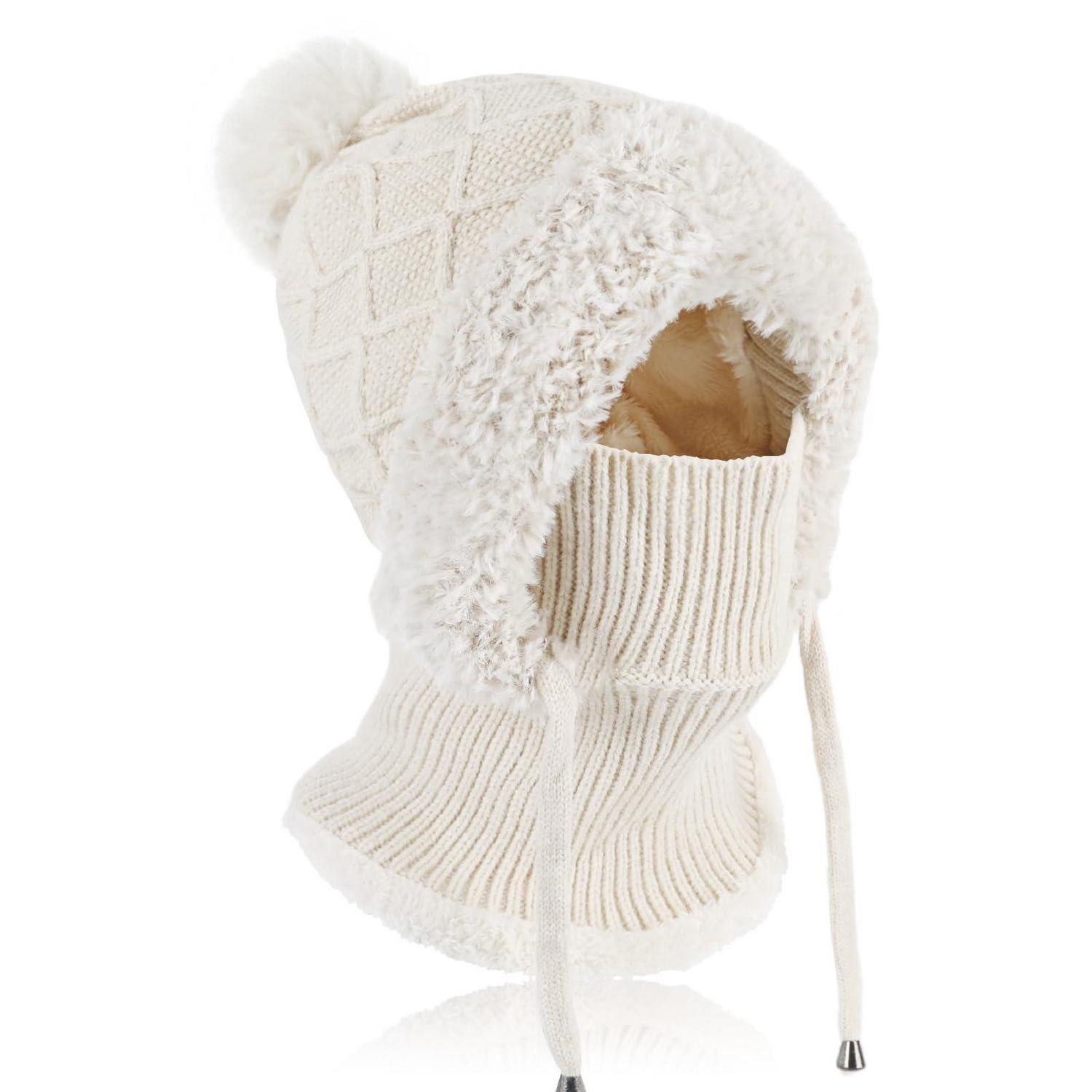 Strickmütze Strickmütze Damen Thermo 3in1 Beanie Halswärmer Sturmhaube Weiß