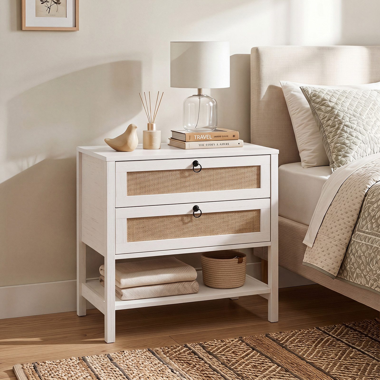 COSTWAY Nachttisch mit 2 Schubladen und offenem Regal Holz (1-St), Rattan Nachtkonsole