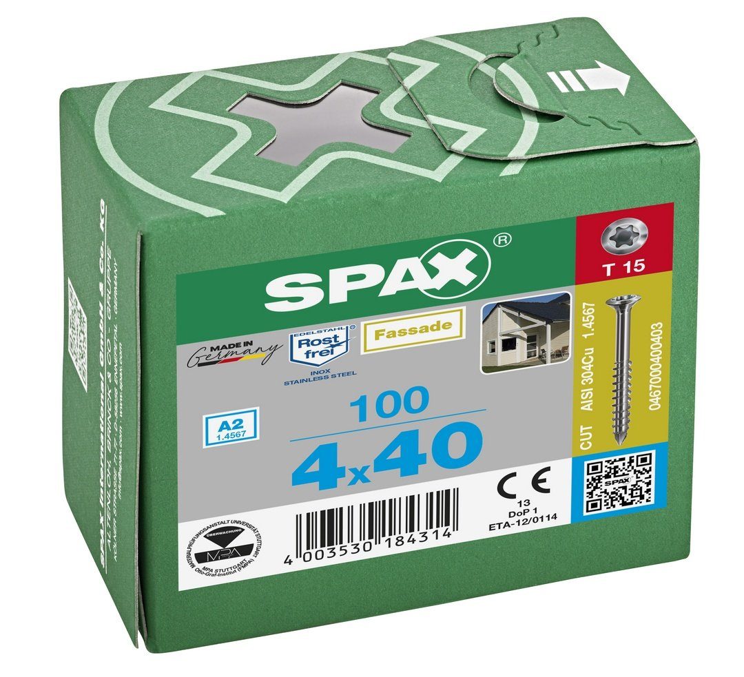 SPAX St), (Edelstahl 4x40 100 Fassadenschraube, mm A2, Spanplattenschraube