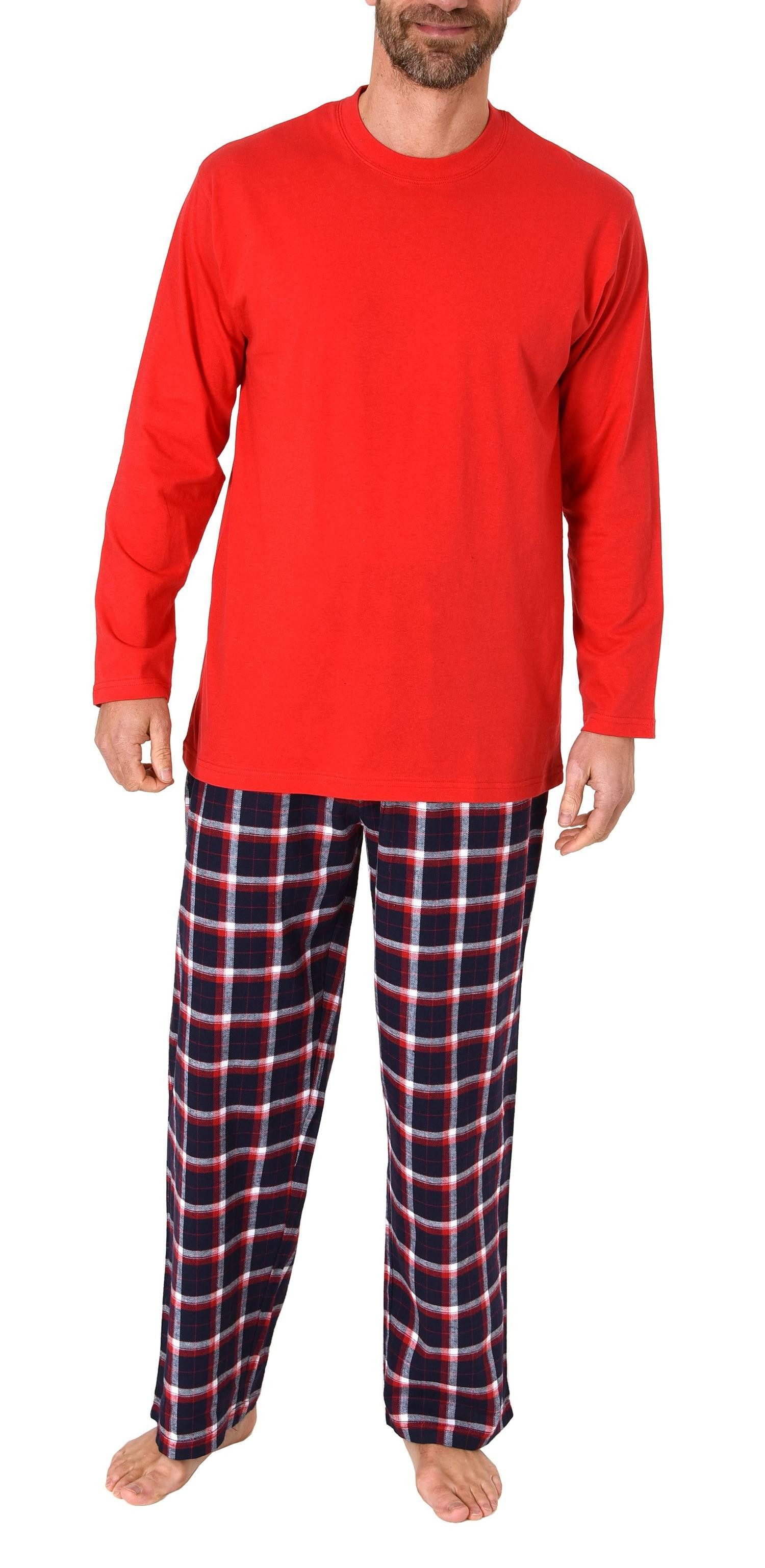 Pyjama Herren Schlafanzug lang, Pyjama mit Flanell-Hose in Karo-Optik