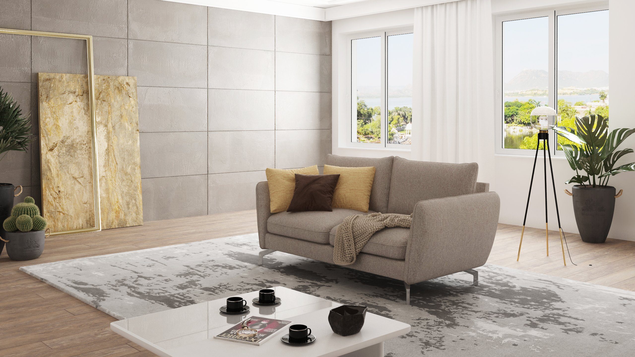 S-Style Möbel 2-Sitzer Modernes Sofa Benita mit Silber Metall Füßen, mit Wellenfederung Dunkelbeige
