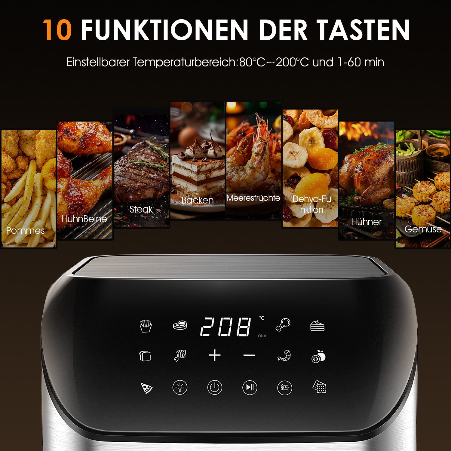 oyajia Heißluftfritteuse 10L Heißluftfritteuse aus Edelstahl, 2 Heizelementen, 12 Automatikprogramme, Sichtfenster, Touch Bedienfeld, LED Anzeige, 1800 W, Tempe – Bild 4 von 5
