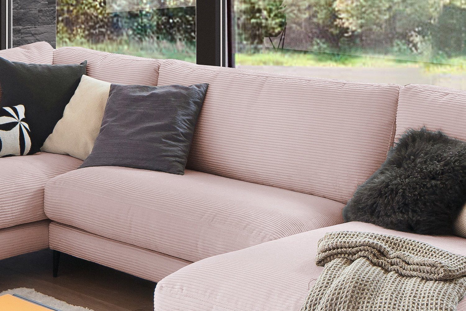 links, CARA, rosa od. Cord, Longchair Sofa rechts Wohnlandschaft U-Form KAWOLA versch. Farben