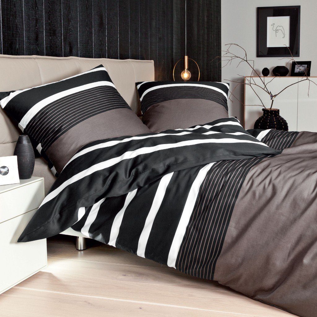 Janine Bettwäsche Davos 65030 07 nougat schwarz, Biber, 2 teilig, Gestreift günstig online kaufen