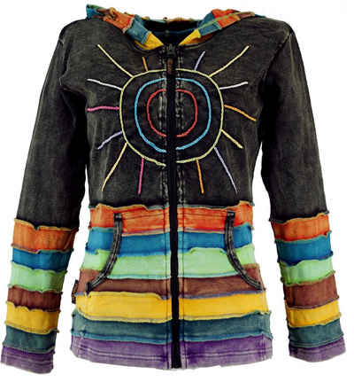 Guru-Shop Langjacke Regenbogenjacke, Jacke mit Zipfelkapuze - schwarz alternative Bekleidung