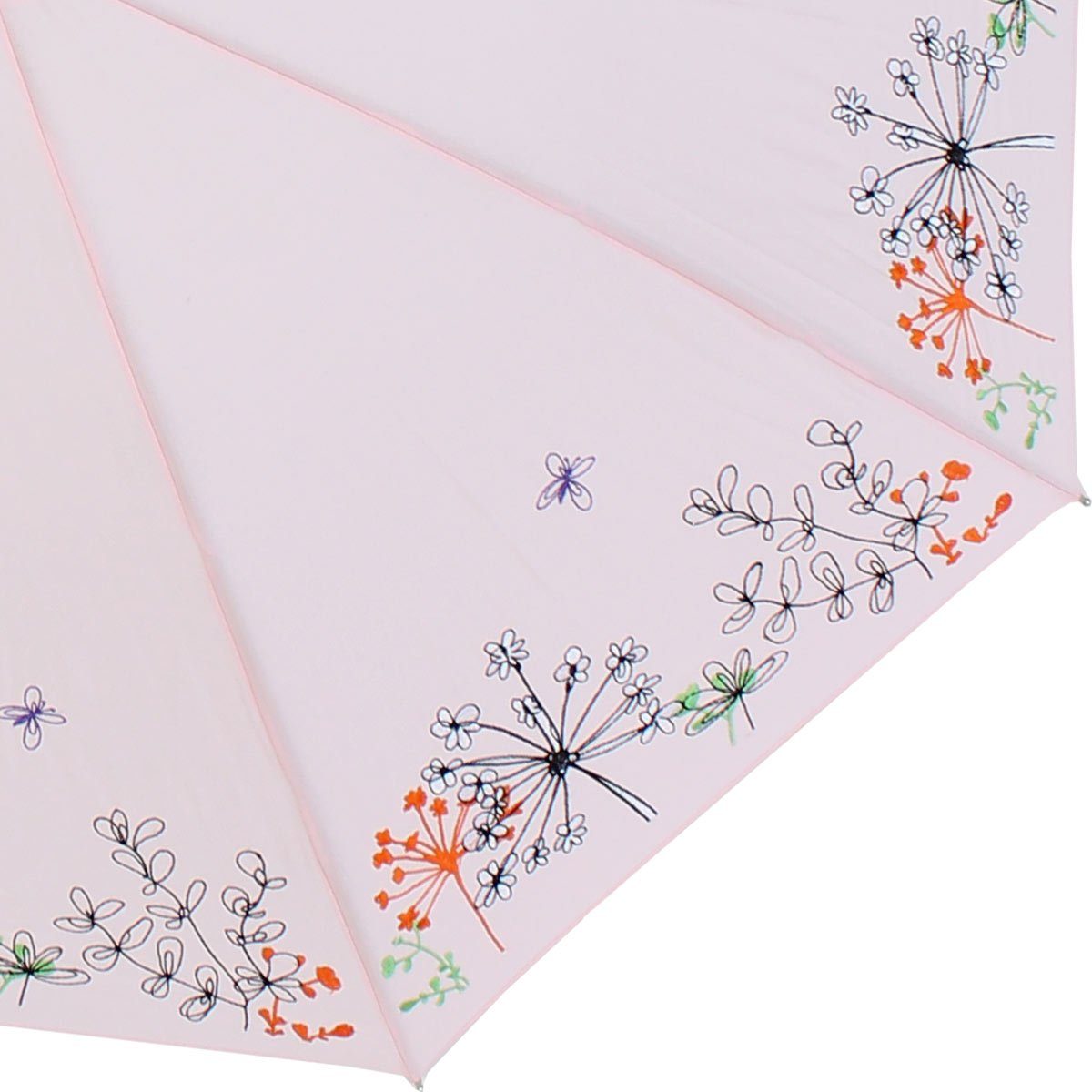 doppler® Langregenschirm Kunststoff rosa Lady Regenschirm Griff - aus besteht bestickt, Wiesenblumen der und mit ist Schutz der Rand wunderschön Butterfly, Sonnen transparentem UV