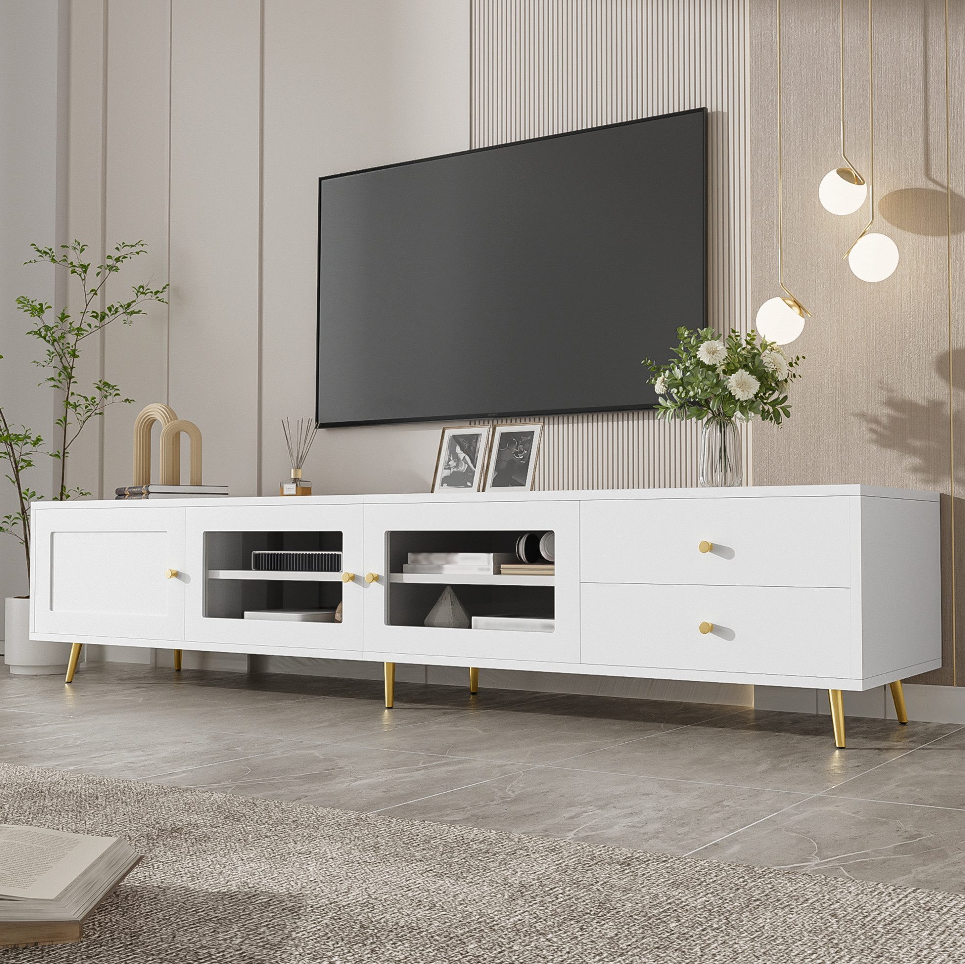 MODFU TV-Schrank Wohnzimmer TV-Lowboard mit Stauraum, TV-Schrank mit Schubladen (170×40×28 cm, Glastüren und Metallgriffen, modernes Design mit verstellbaren Ablagen, Fernsehschrank, Fernsehtisch)