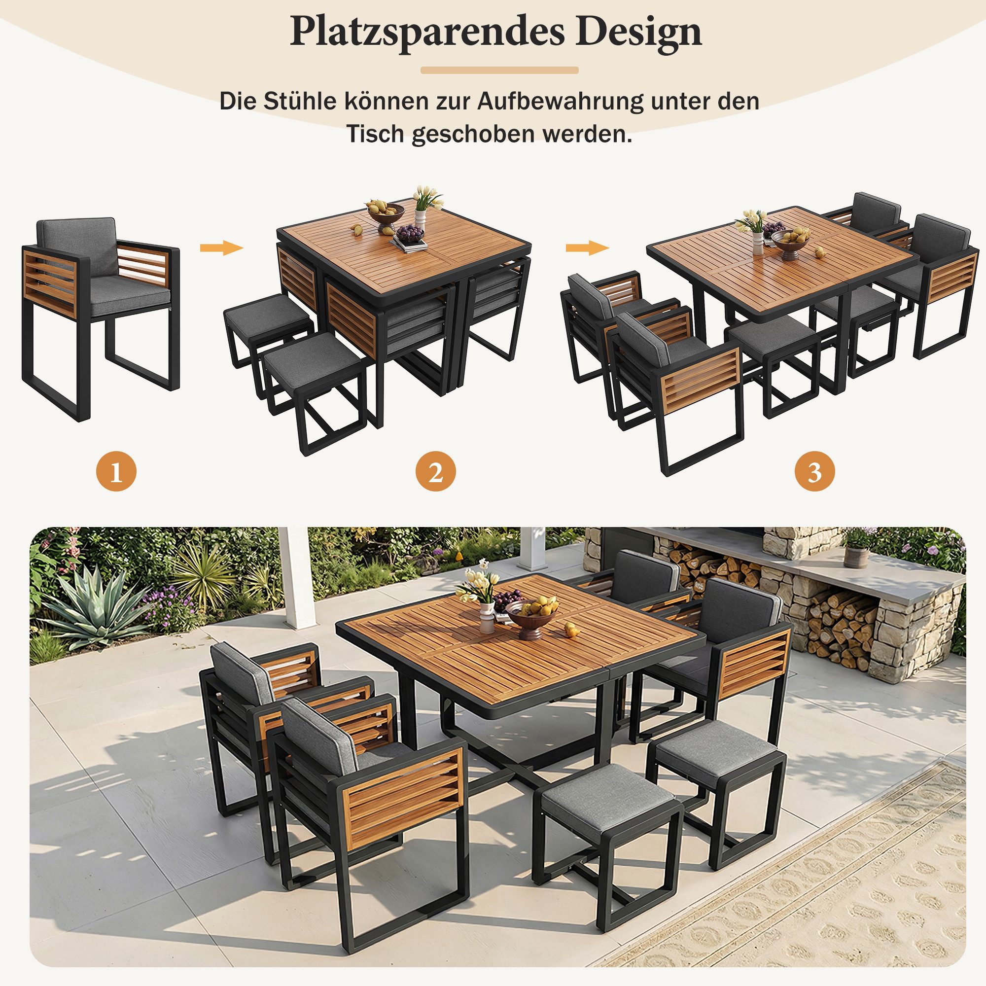 Celya Gartenlounge-Set Gartenmöbel Set, Sitzgruppe Garten Lounge Stühle mit Tisch, (Gartengarnitur Sitzgarnitur Garten Essgruppe, Hochwertige Tischplatte aus Massivholz), Terrassenmöbel Balkonmöbel Set für 6 Personen