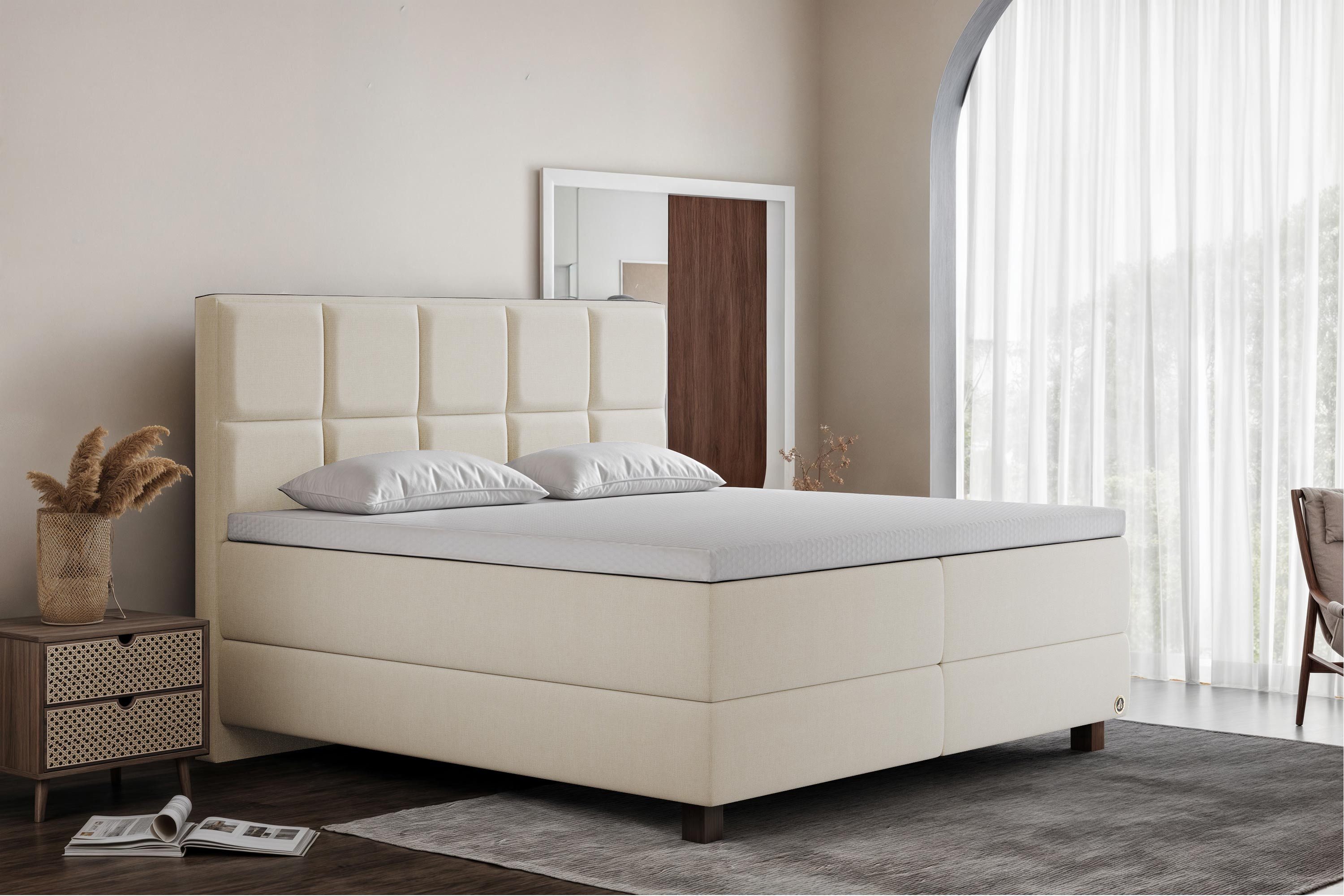 Di-Lara Boxspringbett Tara 90x200 cm (Creme, Taschenfederkern-Wendematratze H3/H4), mit Matratze(n) und Topper