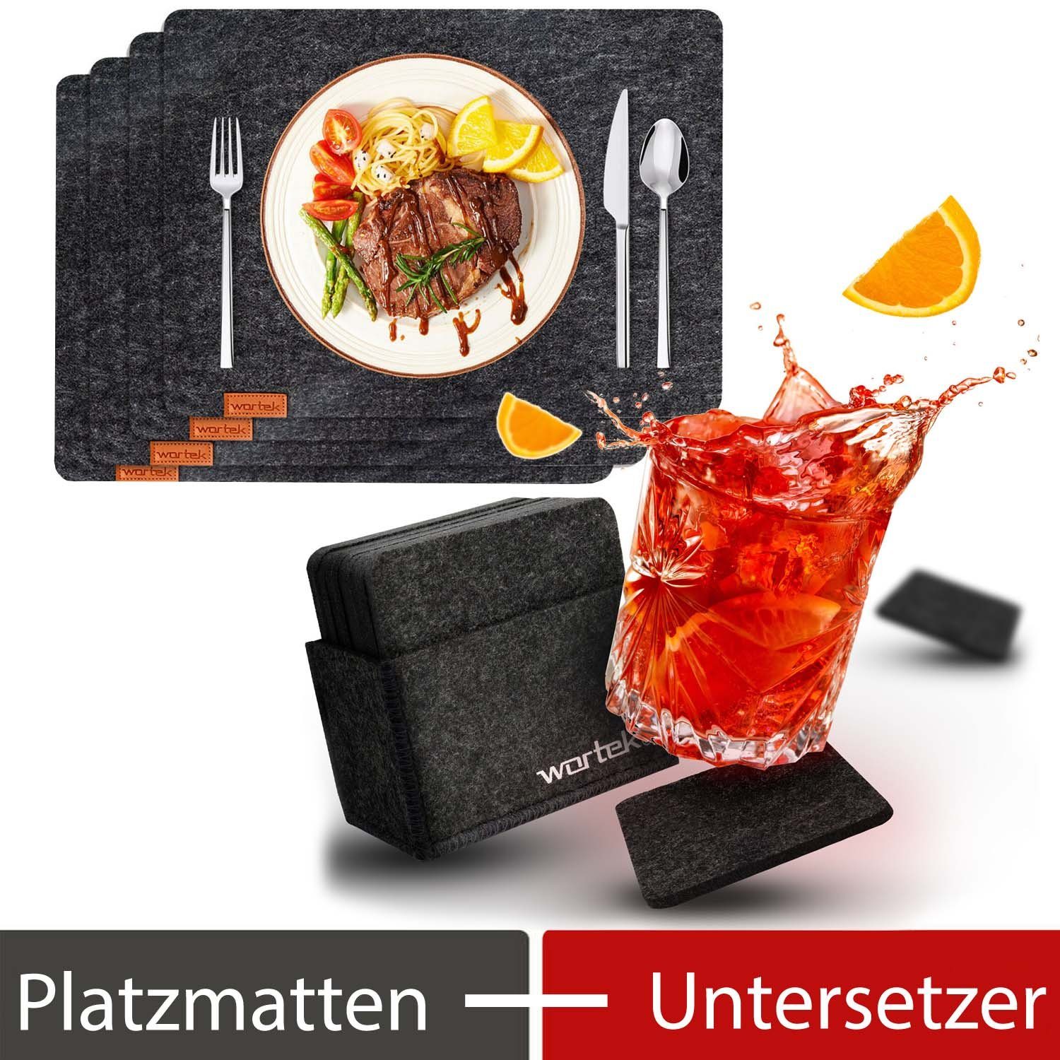 wortek Platzset Filz Platzset (44 x 32 cm) + Filz-Untersetzer, (Set, 16-St), Tisch-Unterlage + Getränkeuntersetzer inkl. Aufbewahrungsbox