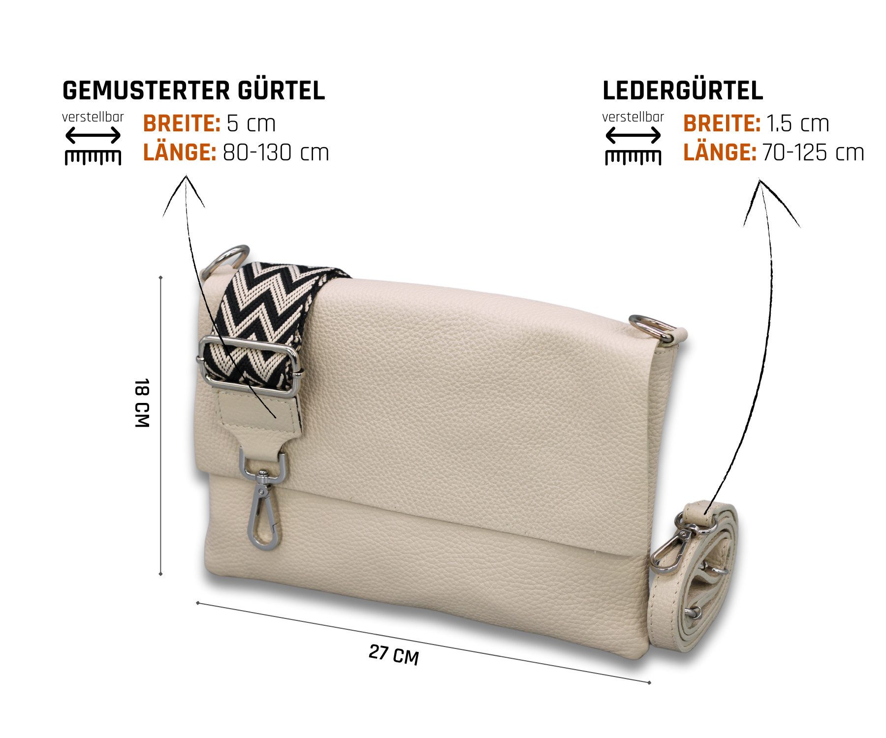 Adel Bags Schultertasche CALI Schlanke Tasche mit 3 Fächer, Slim Crossbody Bag Echtes Leder