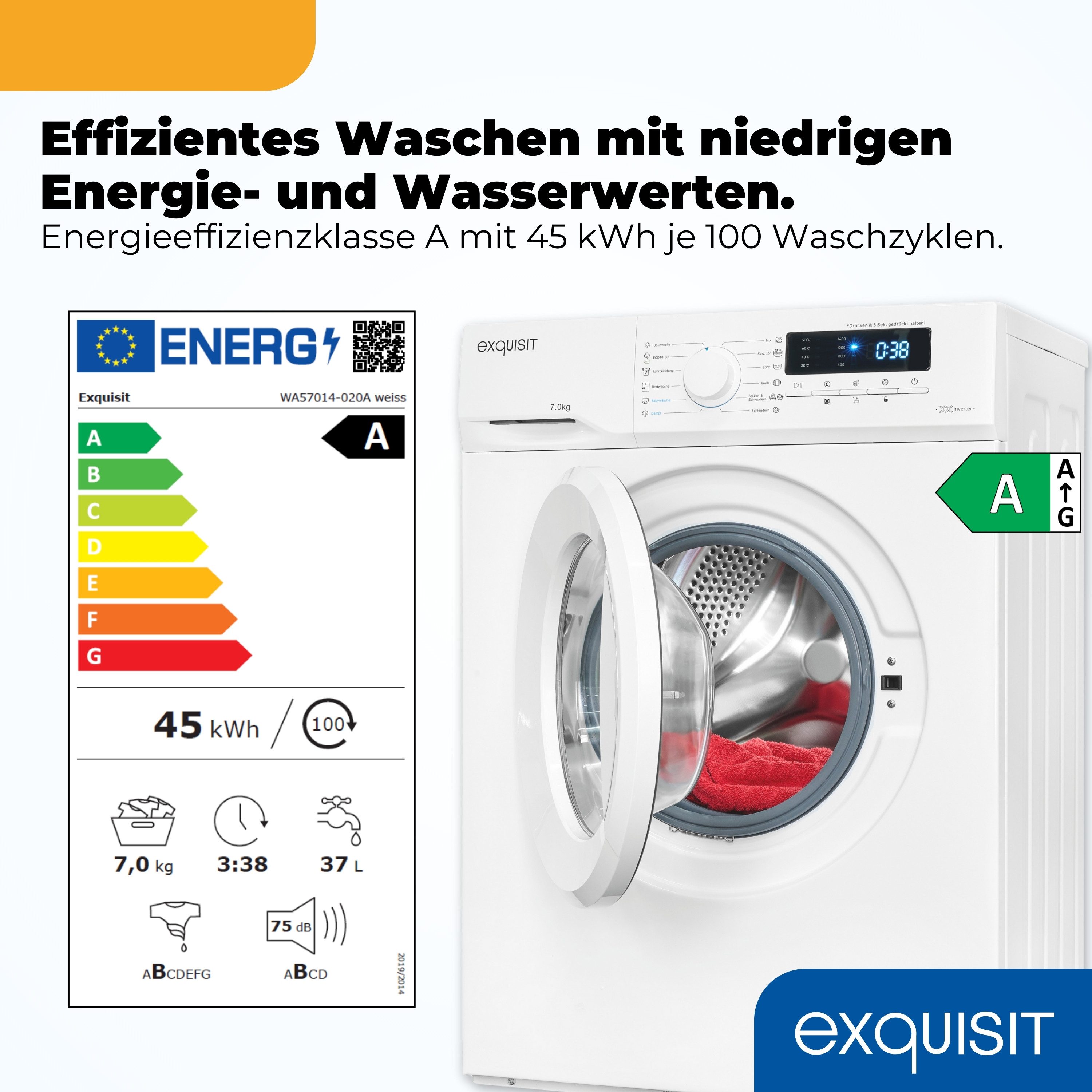 exquisit Waschmaschine WA57014-020A, 7 kg, 1400 U/min, 40 kWh, 37 L, 76 dB, Geräuschklasse B – Bild 2 von 5