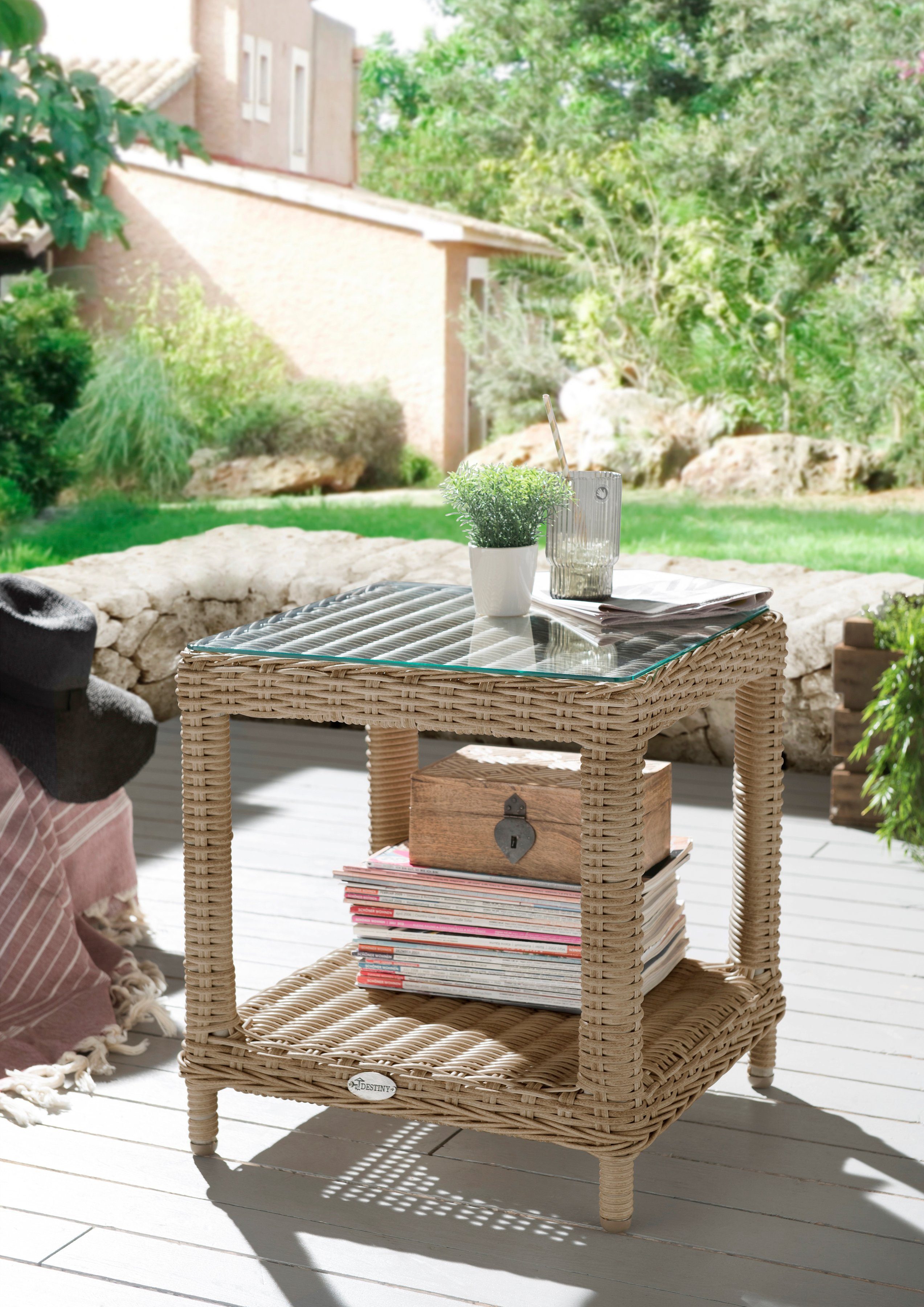 Destiny Beistelltisch MERANO, Polyrattan, 46x47x50cm, mit aufgelegter Glasplatte