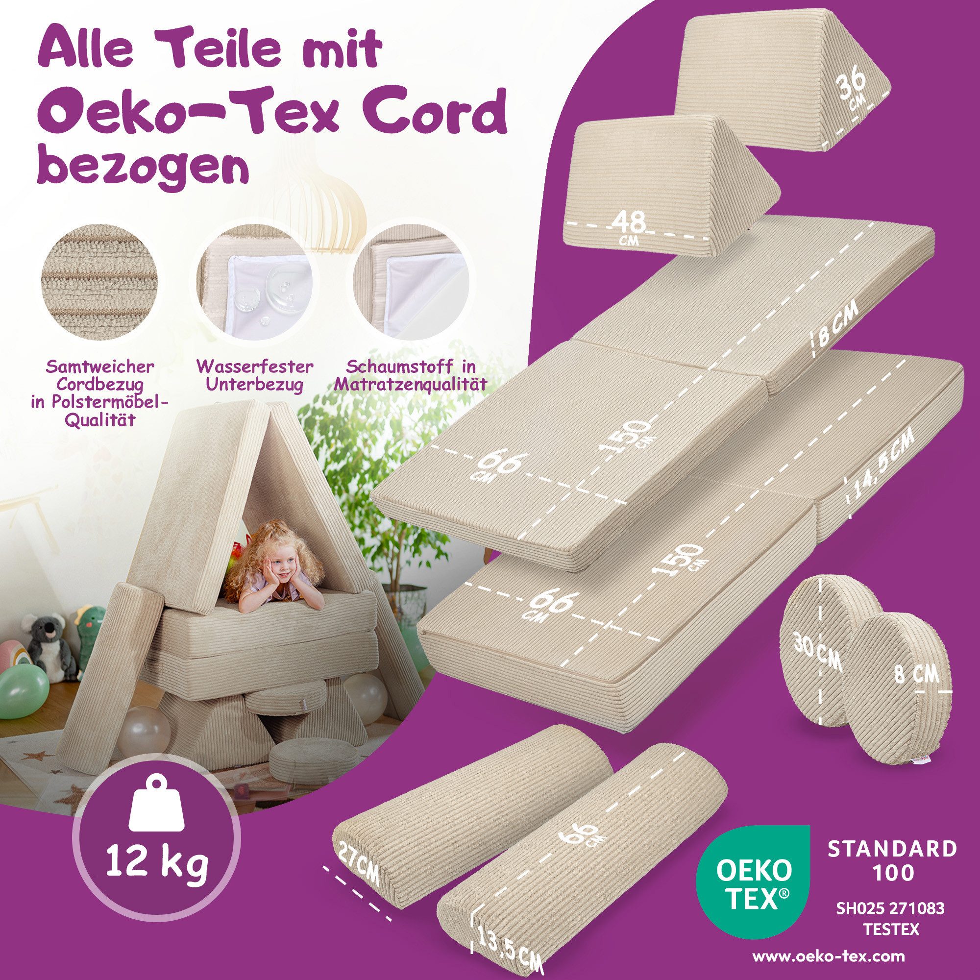 Linodino Kindersofa Spielsofa I Schaumstoff Stapelsteine für Kinder I Kindercouch, 3 Jahre Garantie – Bild 5 von 5