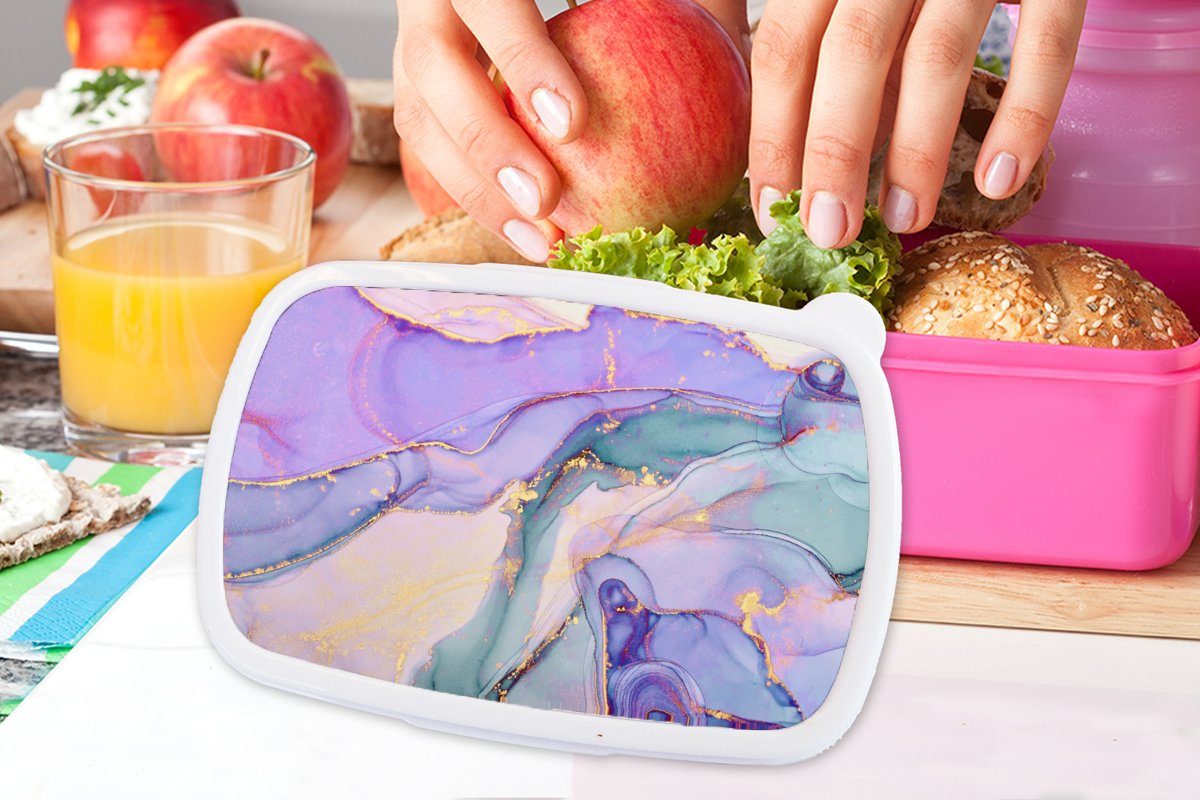 Lila, - Erwachsene, - Kunststoff Mädchen, rosa MuchoWow Lunchbox Brotbox Brotdose Marmor Snackbox, für Kunststoff, Kinder, (2-tlg), Gold