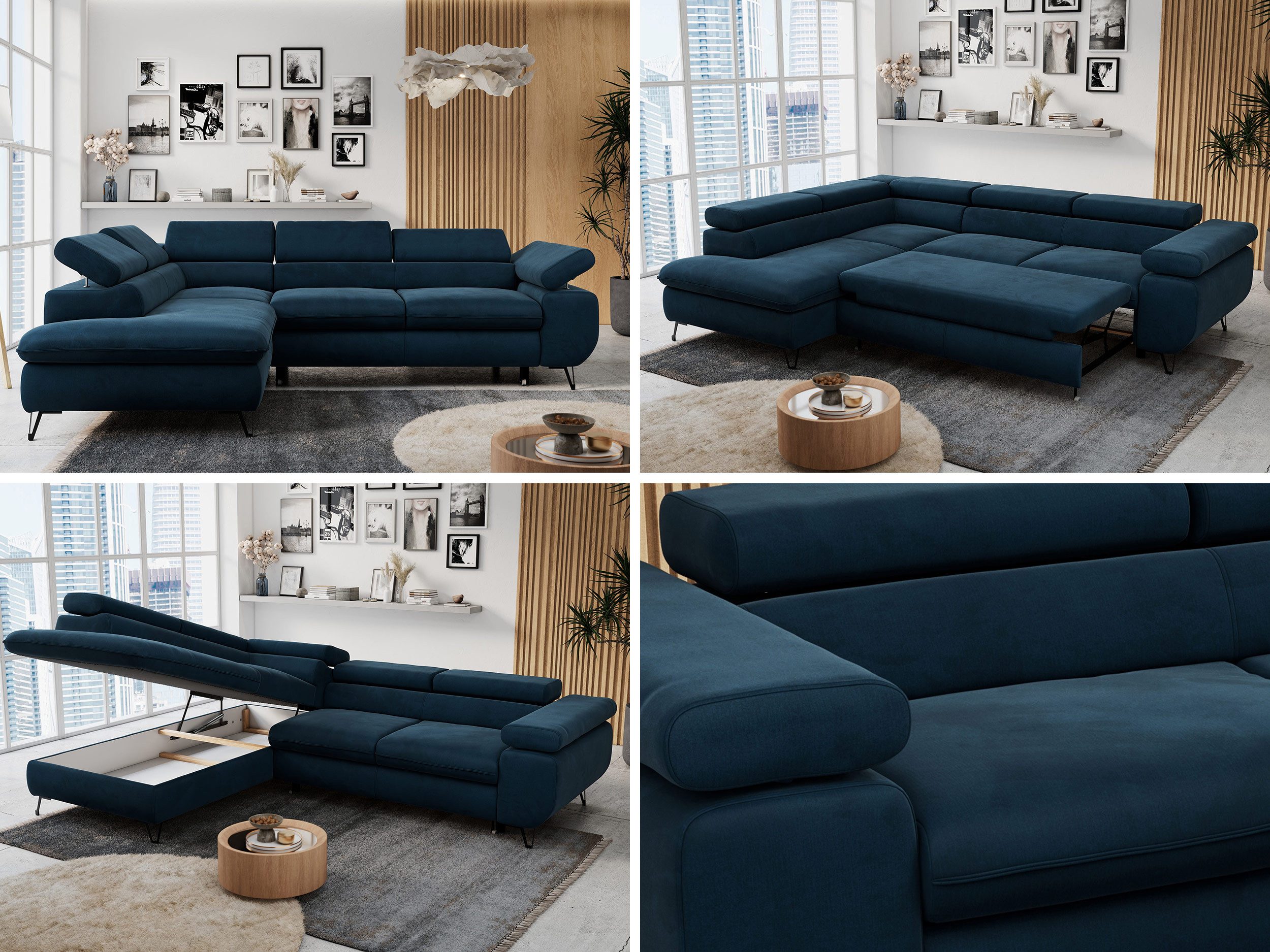 MKS MÖBEL Ecksofa PETER L, Set, Ecksofa L-form, HR35-Schaum, Wellenfederkern, Bettfunktion, Einstellbare Kopfstützen, Bettkasten