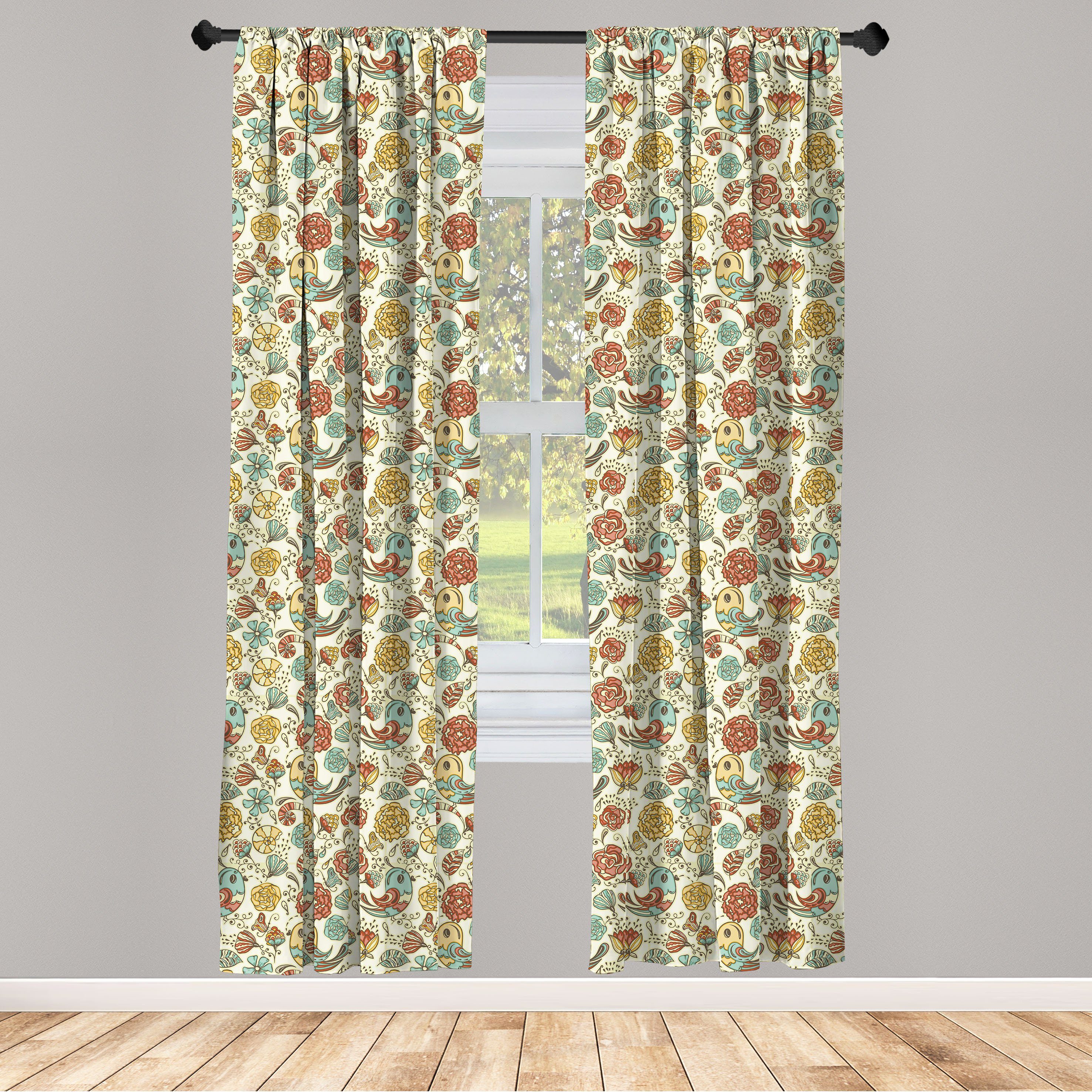 Gardine Vorhang für Wohnzimmer Schlafzimmer Dekor, Abakuhaus, Microfaser, Blumen Vögel und verschiedene Blumen