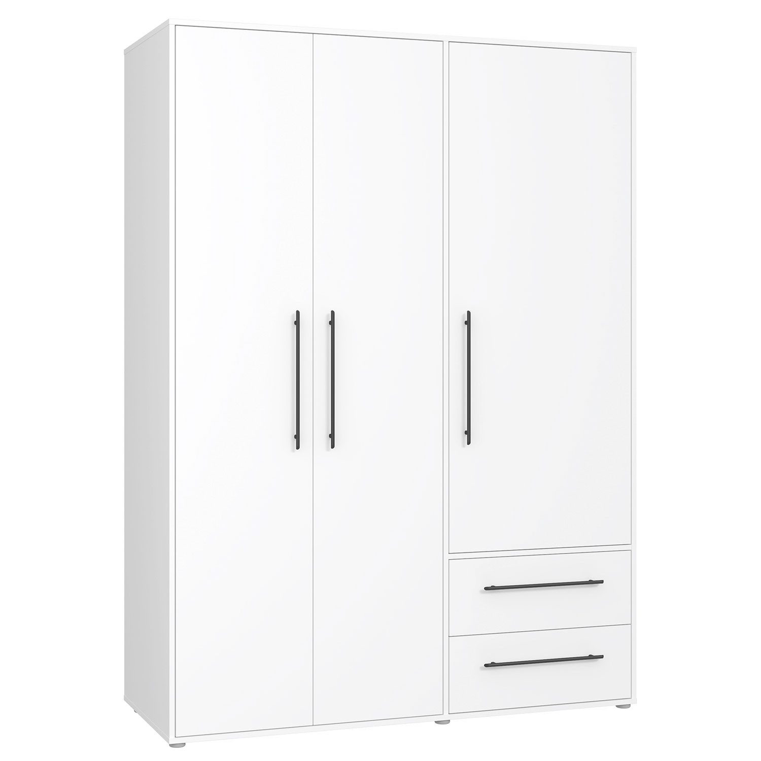 FORTE Drehtürenschrank MOKKARIS, Weiß matt, 3 Türen, 2 Schubladen, 3 Einlegeböden, 1 Kleiderstange, B 144 x H 200 x T 59 cm. € 367,90