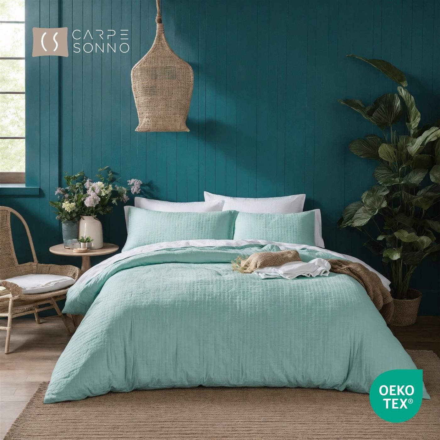 Carpe Sonno Bettwäsche Seersucker 135x200 155x220 Bügelfrei Sommer Bettbezug 100% Baumwolle, Seersucker, 2 teilig, Hochwertig Leichte Bettwaren Bügelfrei Reißverschluss Grün 135 x 200