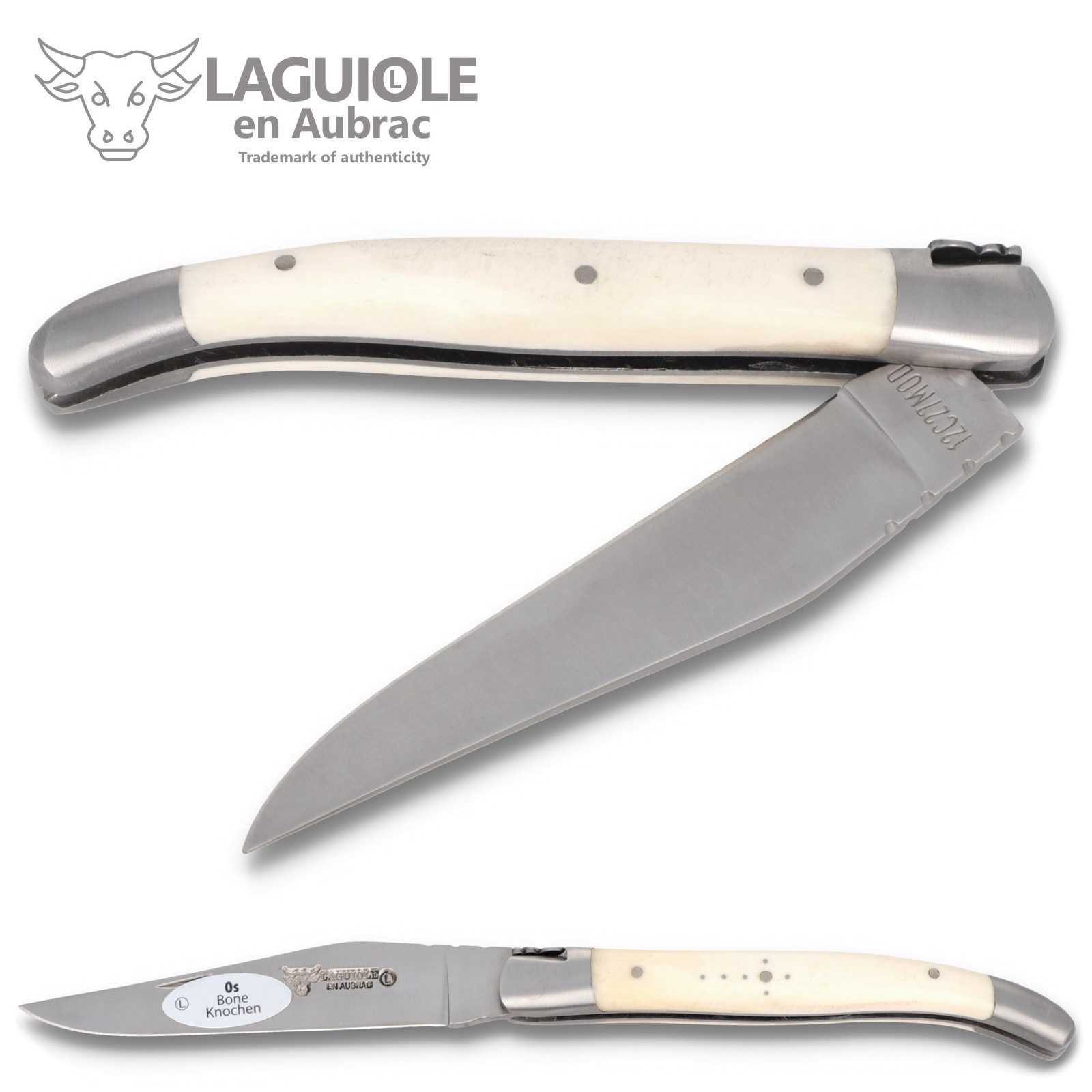 Laguiole en Aubrac Taschenmesser L0211OSIF, Griff 11cm Knochen - Feder verziert - Klinge Backen Stahl satiniert