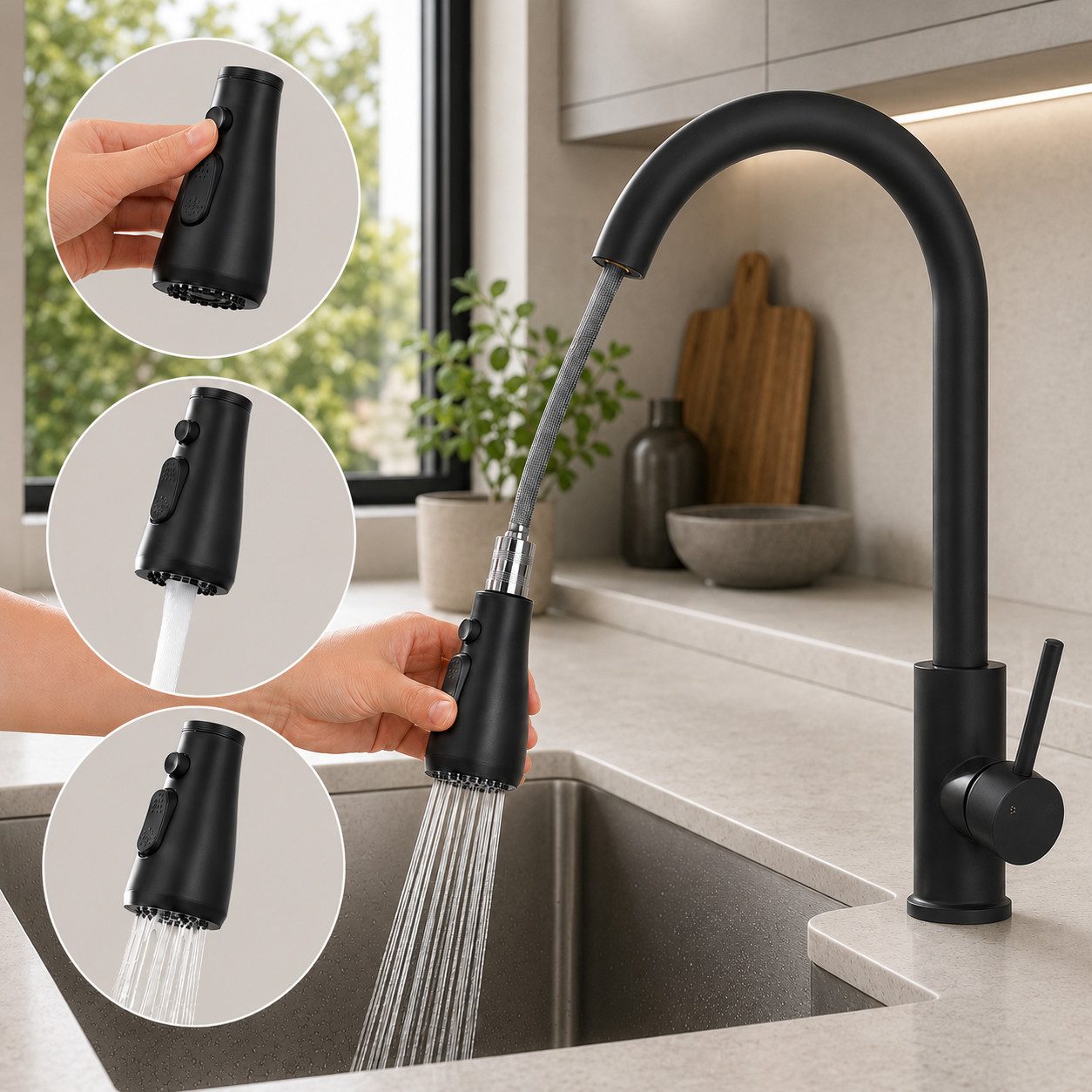 HOMELIVE Spültischarmatur Hochdruck Wasserhahn Küche 360° Küchenarmatur mit Ausziehbarer Edelstahl Küchenarmatur ausziehbar mit 2 Strahlarten,Schwarz