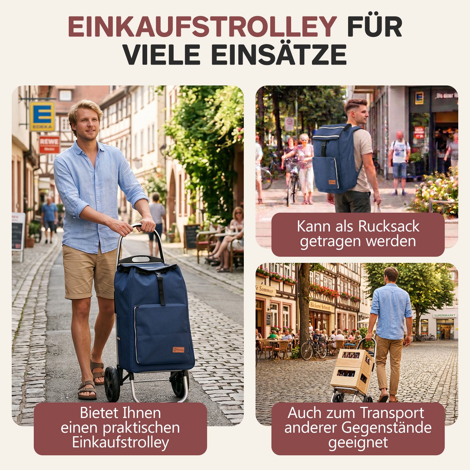 Sekey Einkaufstrolley 4-in-1 Einkaufstrolley Klappbar Einkaufswagen mit Rucksack, Kühltasche, 60 l, 60 l, Klappbarer Transportwagen, Handwagen mit großen Rädern – Bild 4 von 5