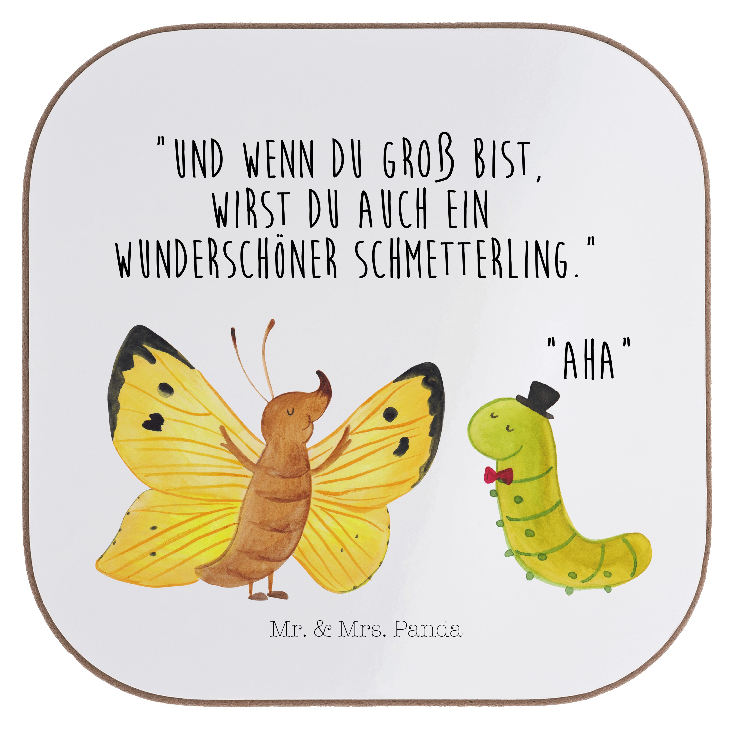 Mr. & Mrs. Panda Getränkeuntersetzer Raupe & Schmetterling - Weiß - Geschenk, Getränkeuntersetzer, Unterse, 1-tlg.