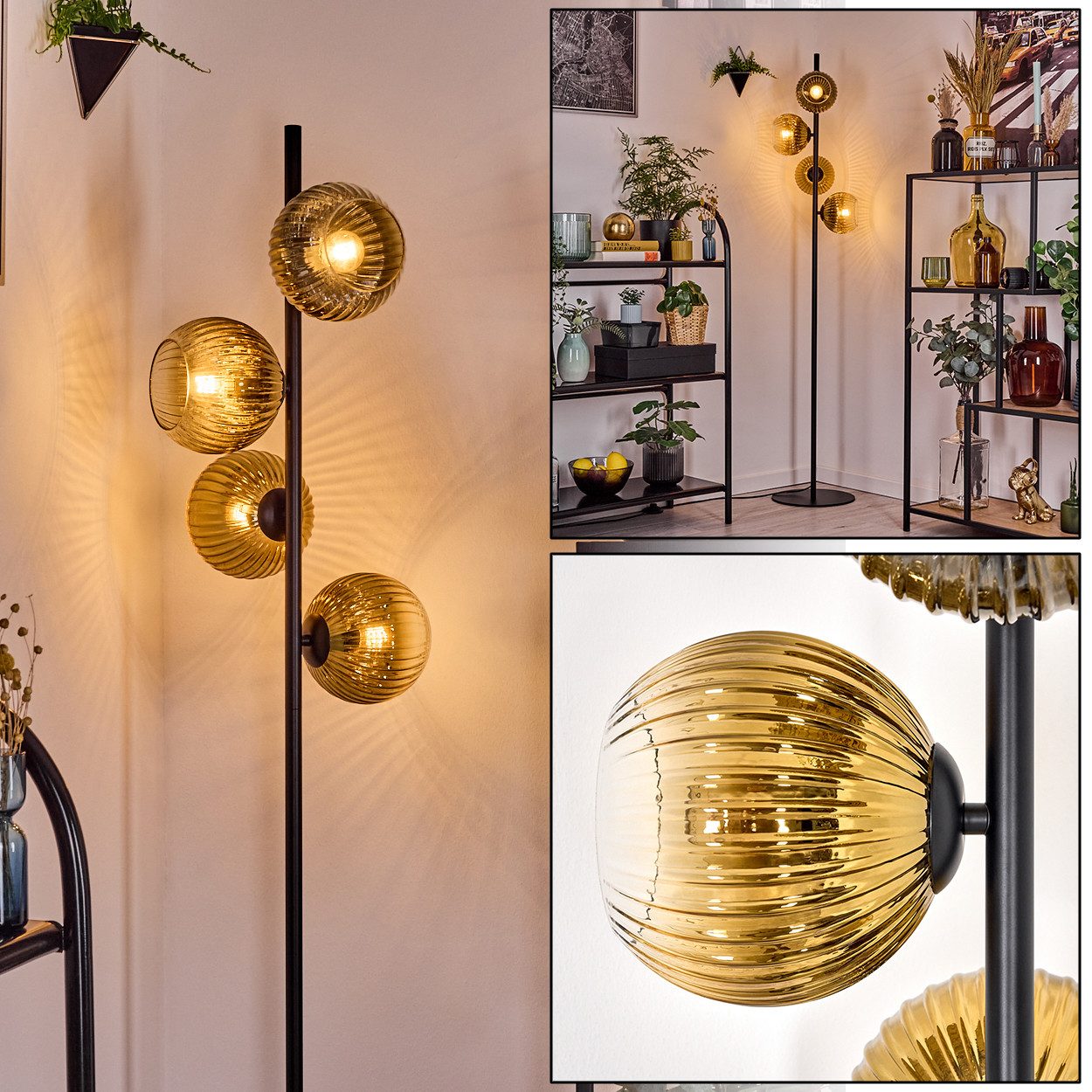 hofstein Stehlampe Stehlampe aus Metall/Riffelglas in Schwarz/Gold/Klar, Retro-Design, ohne Leuchtmittel, moderne Stehleuchte, Ø Schirme 15 cm, Fußschalter, 160 cm, E14