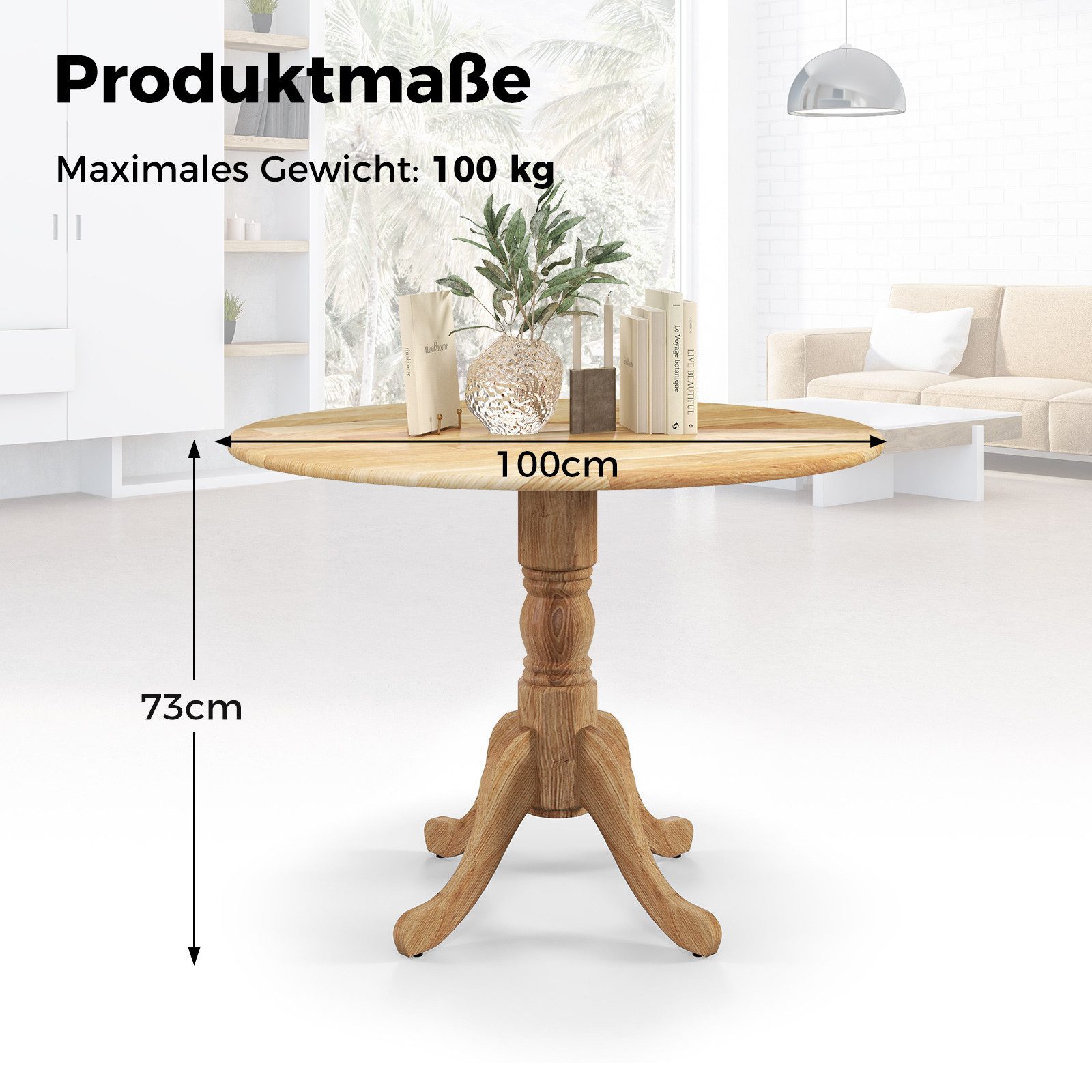 COSTWAY Esstisch Runder Küchentisch aus Massivholz, 100 x 73 cm, Natur – Bild 5 von 5