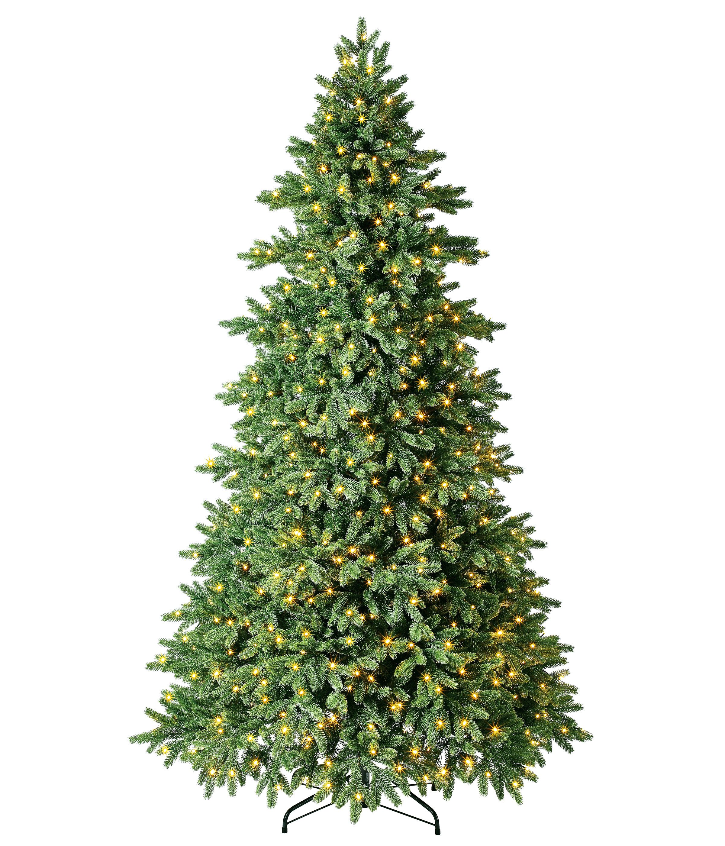 Dehner Künstlicher Weihnachtsbaum Lyra, mit LED/Ständer/Fernbedienung, Höhe 240 cm, Ø 142 cm, Lichtfarbe warmweiß, aus Metall/PVC/Polyethylen, Farbe grün