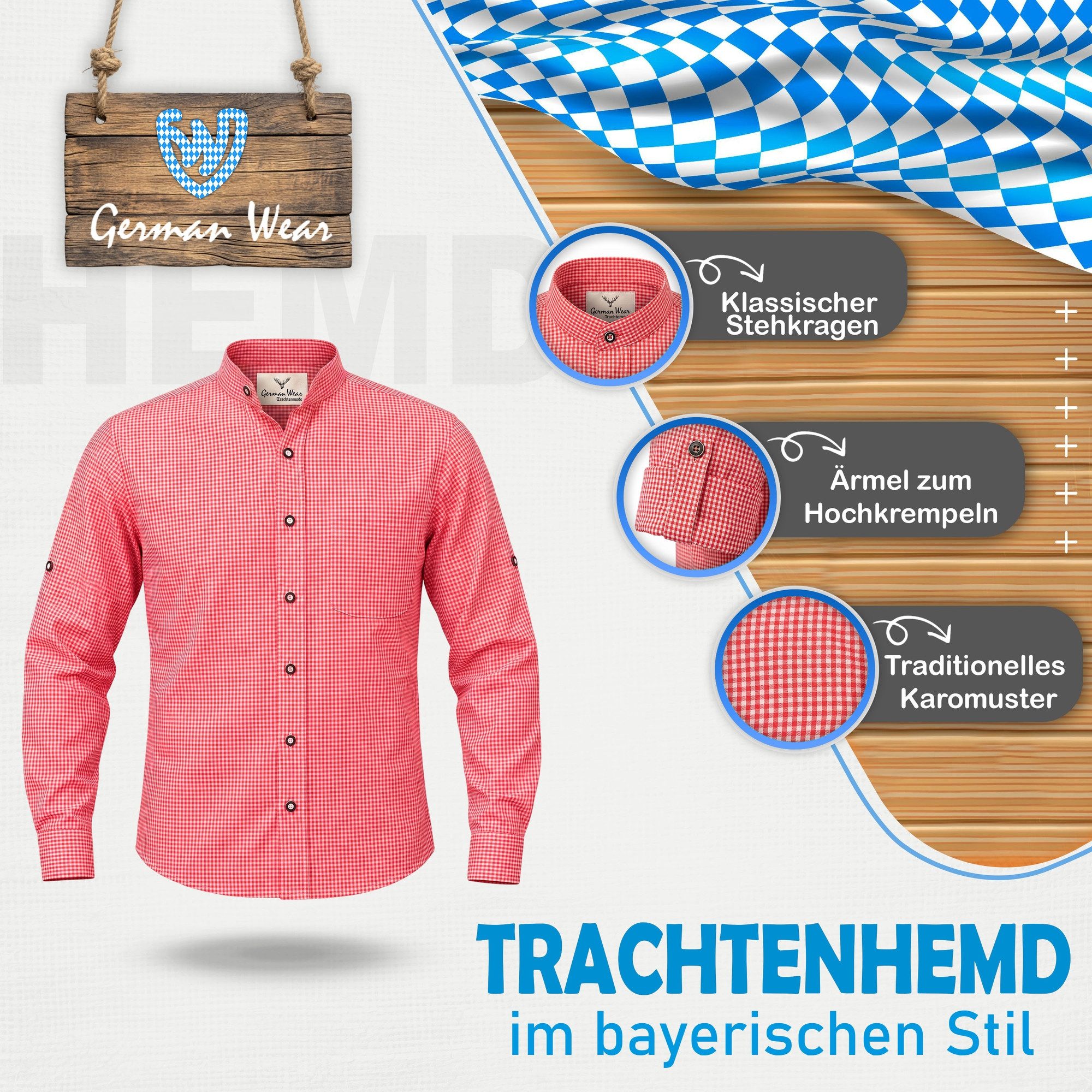German Wear Trachtenhemd GW1203-SK Trachtenhemd mit Stehkragen für Trachtenlederhosen kariert – Bild 4 von 5