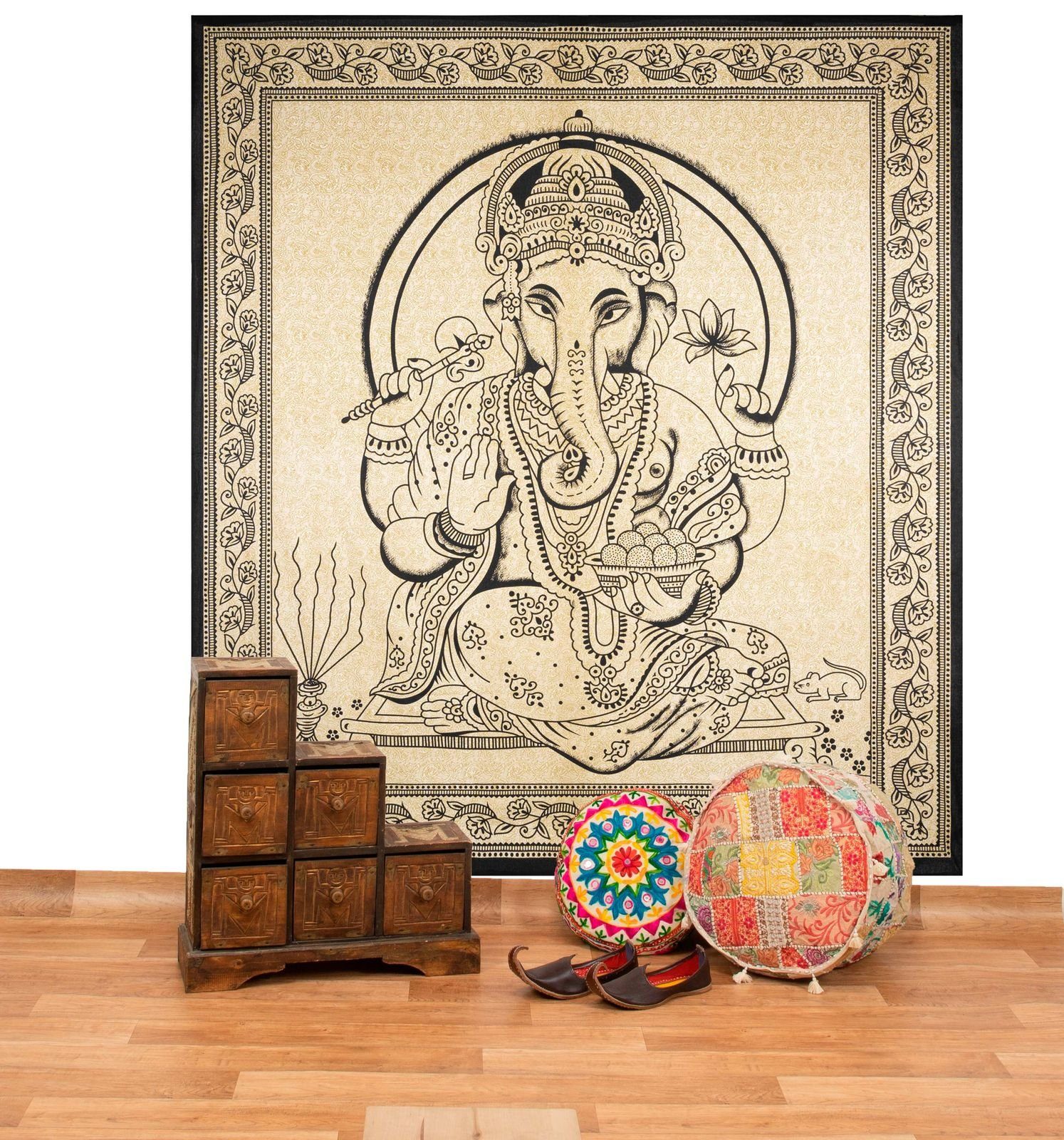 Wandteppich Ganesha Dekotuch Große Tagesdecke Wandbehang Tuch Goa 200 x 225 cm, KUNST UND MAGIE