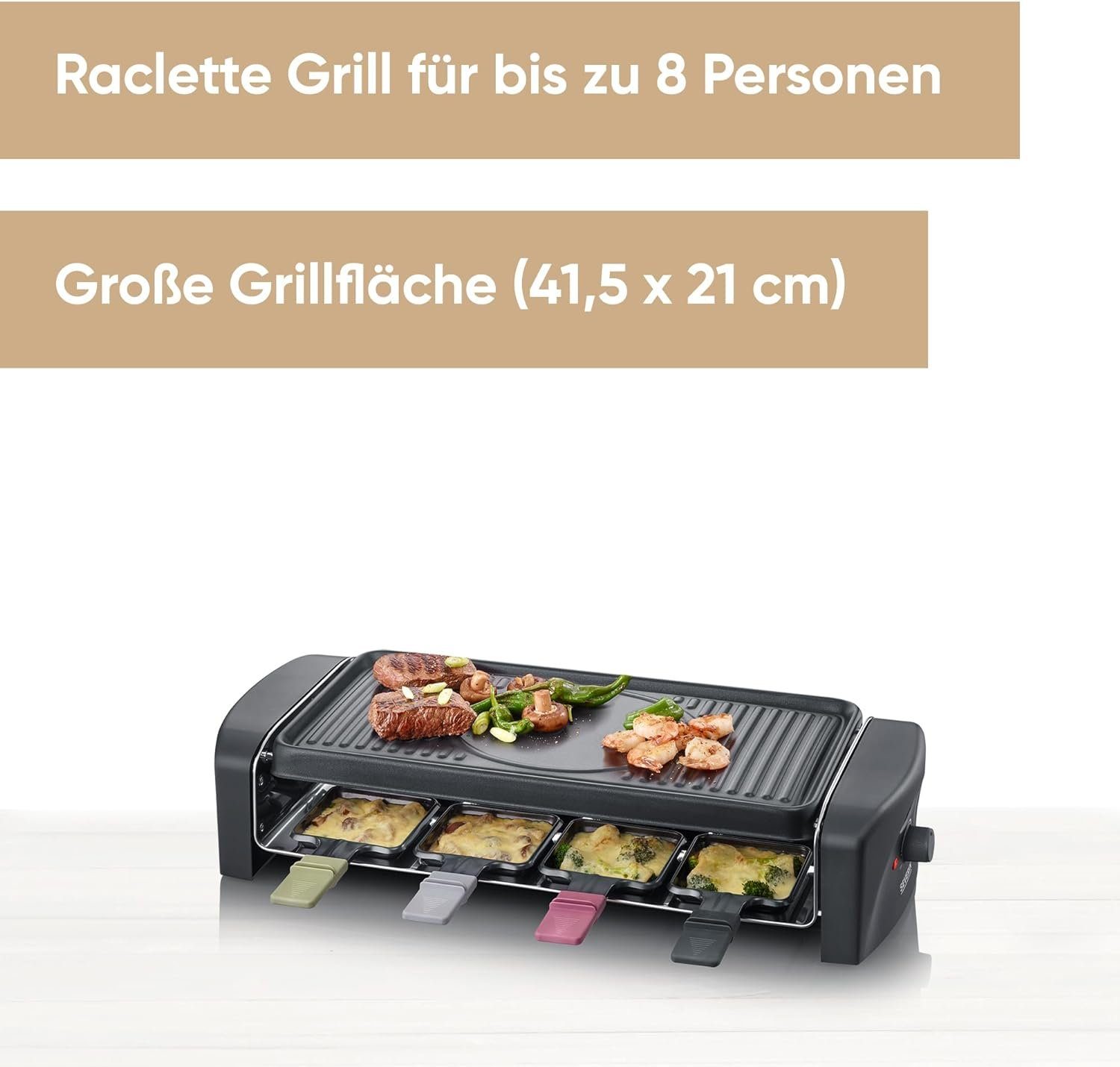 Severin Raclette Raclette-Grill, Raclette 8 Grillplatte Raclette mit und Pfännchen