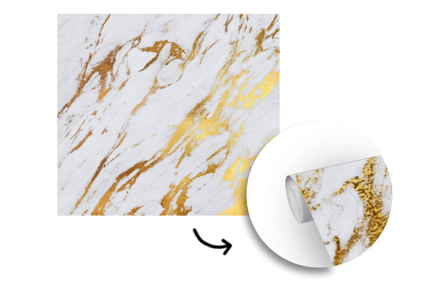 bedruckt, Muster - Fototapete - Wohnzimmer Tapete für (5 Gold, - Weiß Matt, St), Wandtapete oder Vinyl MuchoWow Schlafzimmer, Marmor