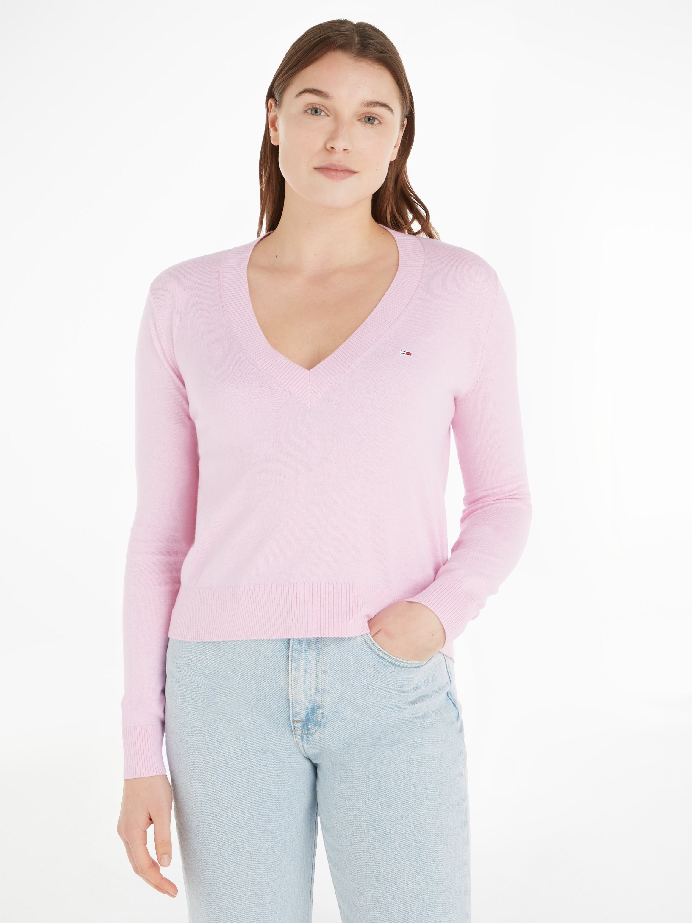Tommy Jeans V-Ausschnitt-Pullover TJW ESSENTIAL VNECK SWEATER mit Tommy Jeans Markenlabel French Orchid