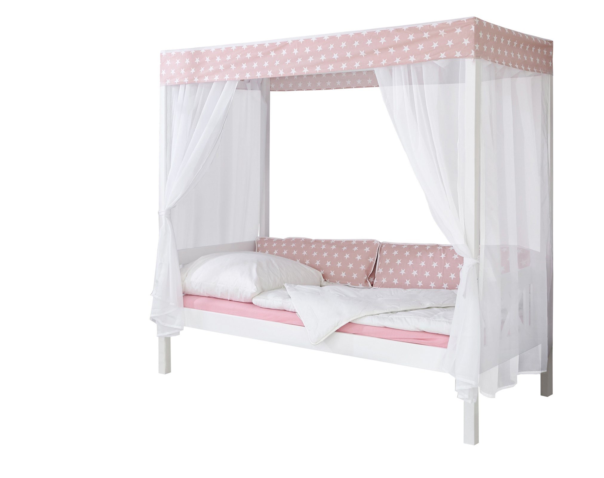 Ticaa Himmelbett Himmelbett "Rosa" 310 Kiefer Weiß (Rosa/Weiß, Oberer Teil abnehmbar und als Einzelbett stellbar