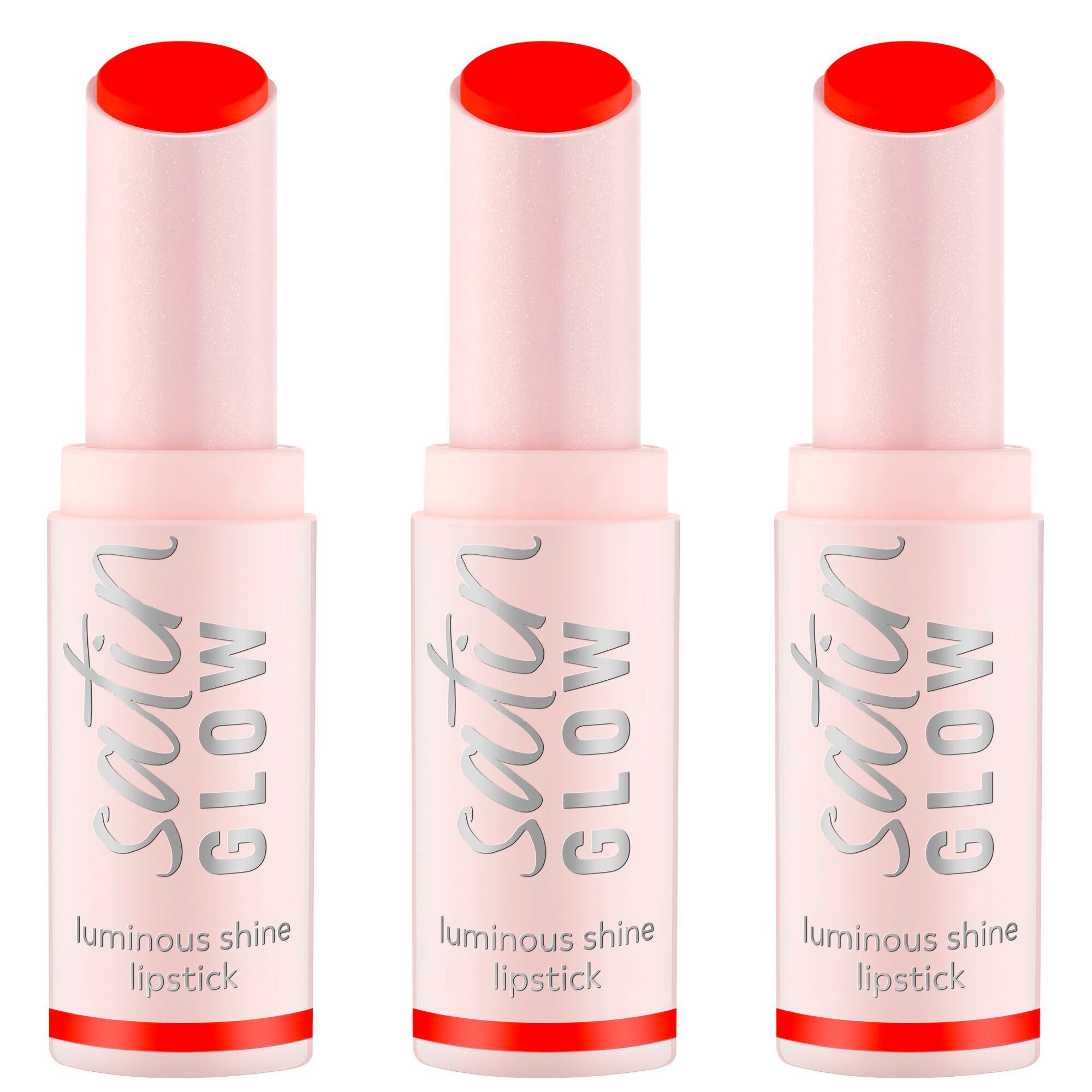 Essence Lippenstift SATIN GLOW LUMINOUS SHINE LIPSTICK, 3-tlg., Satin-Finish, langanhaltend, Farbintensiv, hohe Deckkraft
