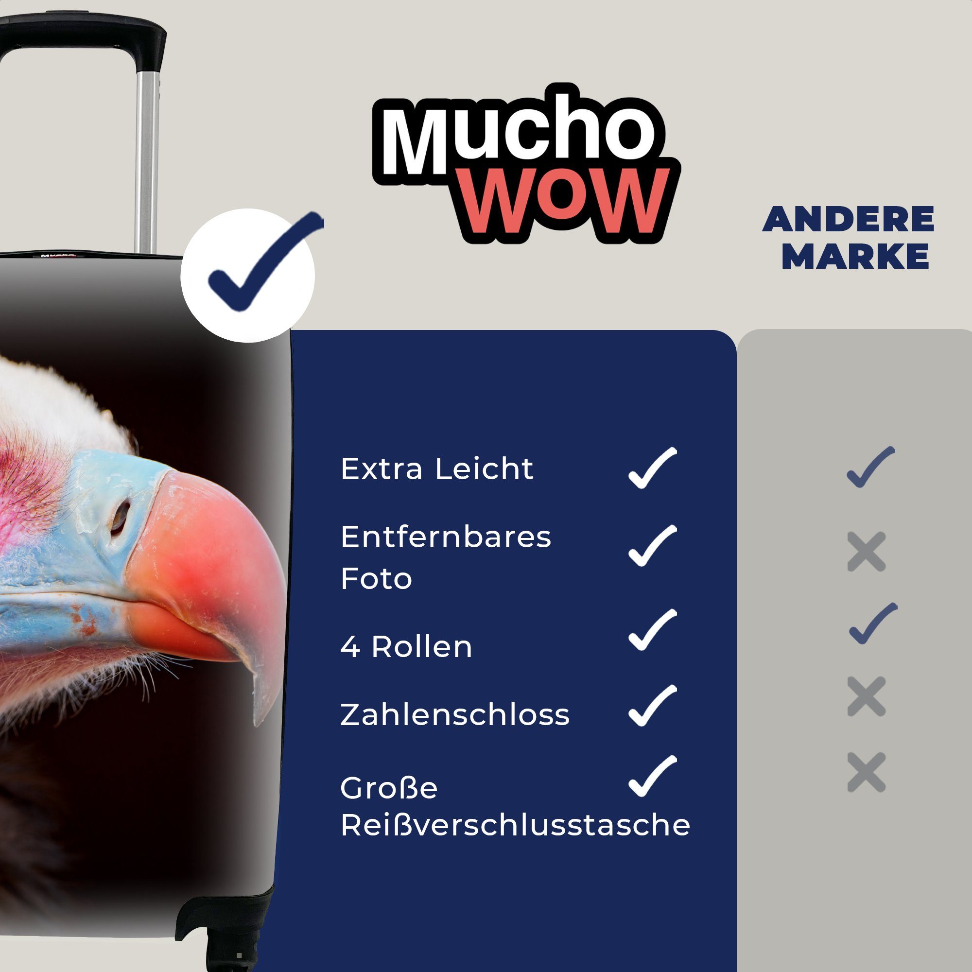 MuchoWow Reisekoffer mit Ferien, Rollen, Geier Schnabel, Reisetasche für - Trolley, - 4 Handgepäckkoffer Vogel Handgepäck rollen,