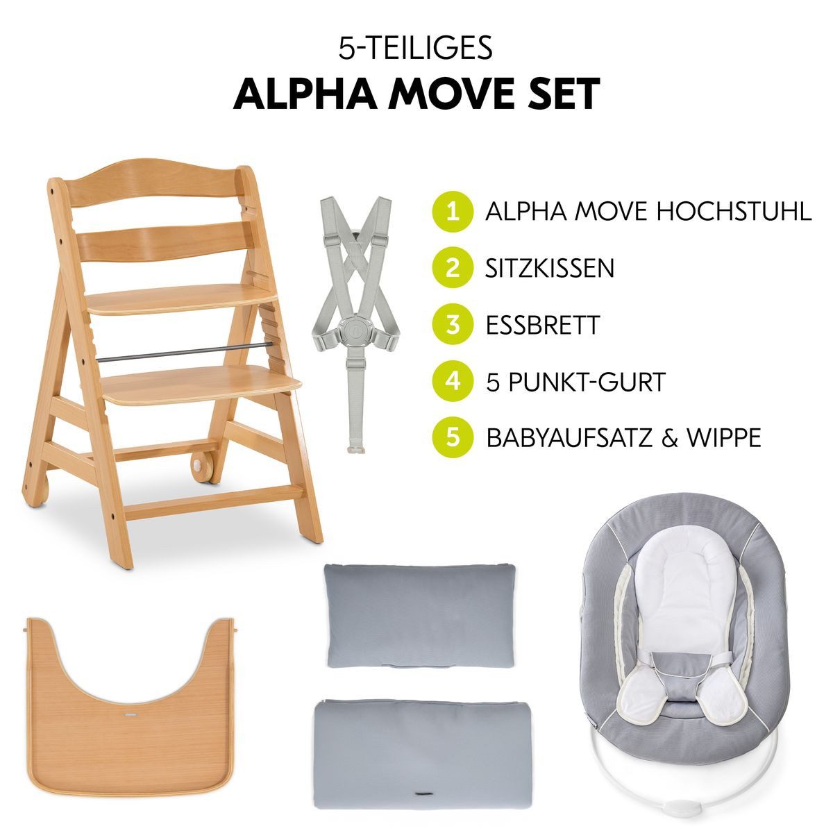 Hauck Hochstuhl Alpha Move Natur Newborn Set, Holz Babystuhl ab Geburt mit Neugeborenenaufsatz, Sitzkissen, Essbrett