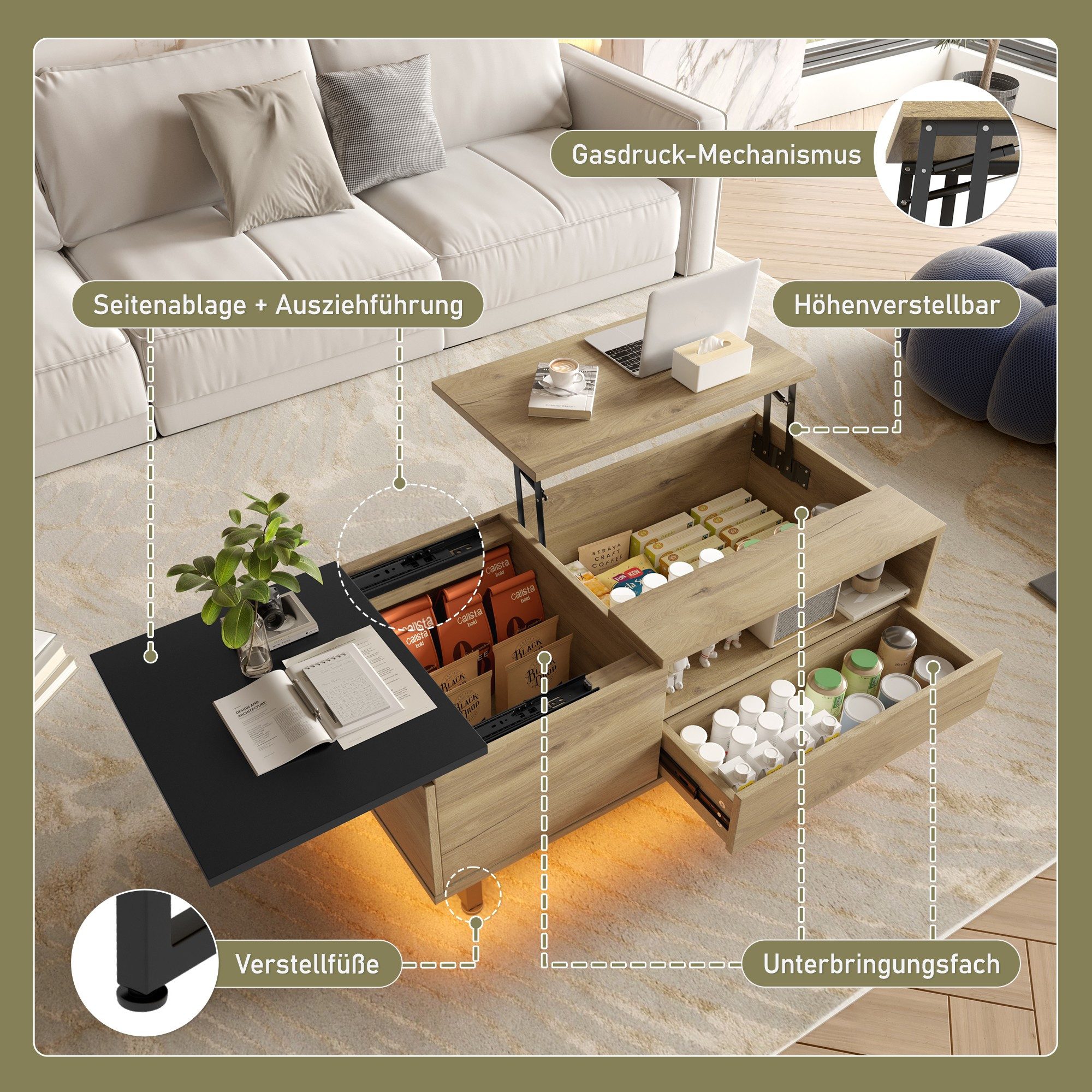 LVHOM Couchtisch mit LED, 4 Stauraum (Schubladen, offene/versteckte Fächer) (verstellbarer Tischplatte(praktischem Lift-Design) für Homeoffice/Büro/Essen, 4-fach-Stauraum sortiert Geräte/Snacks/Entspannung, LED-Ambience für gemütliche Abende, Umweltfreundliche Materialien und intelligentes Design kombiniert), für kompakte Räume, Wohnzimmer, Schlafzimmer, Arbeitszimmer