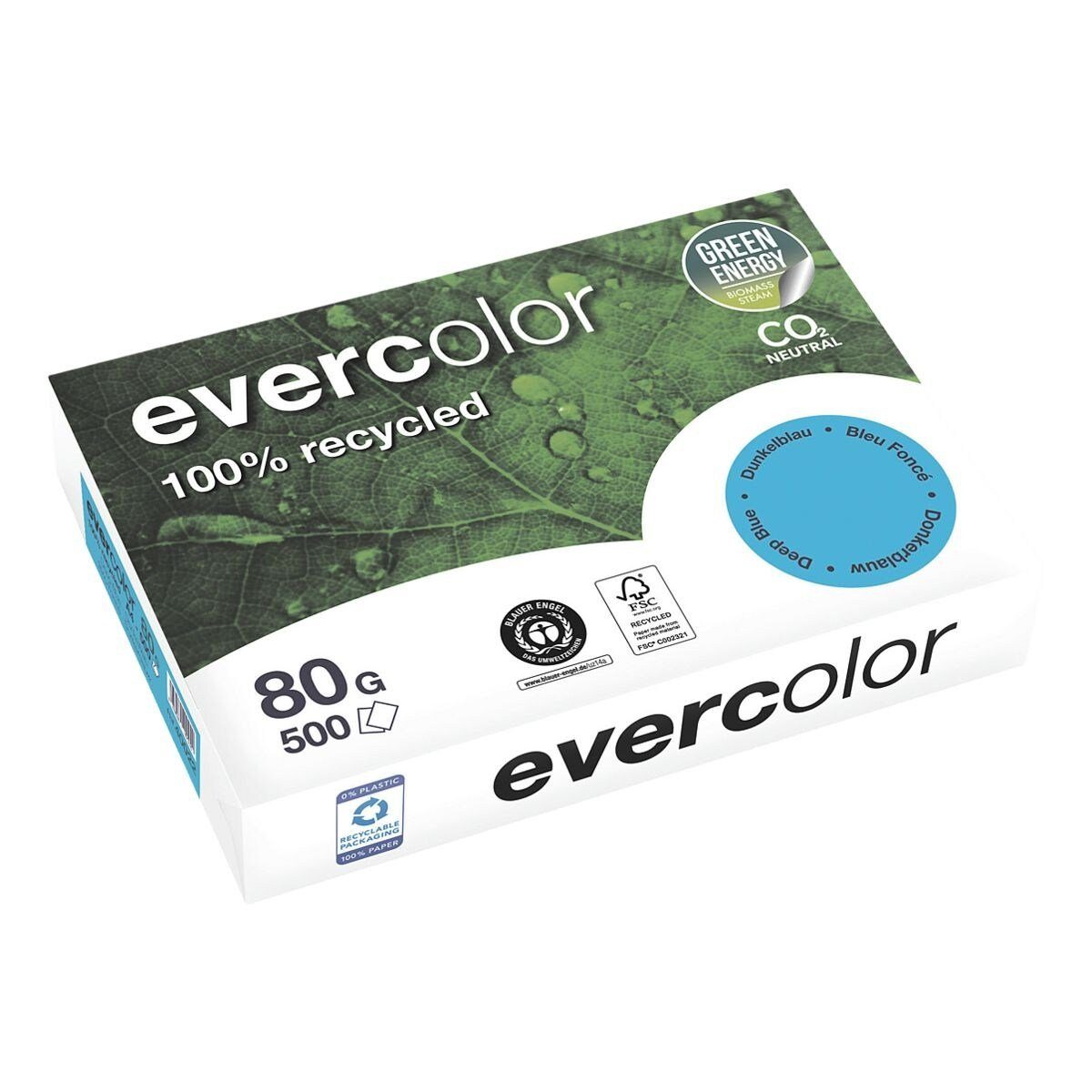 CLAIREFONTAINE Recyclingpapier evercolor, Intensivfarben, Format DIN A4, 80 g/m², 500 Blatt dunkelblau