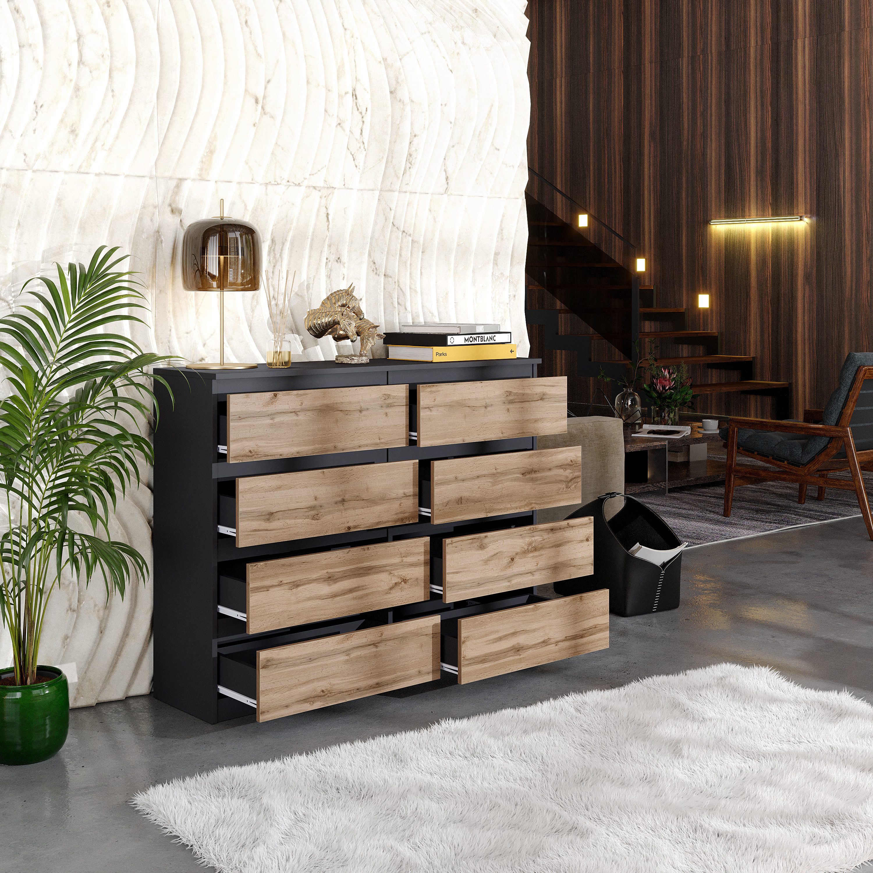 Furnica Kommode Highboard, 8 Schubladen, Sideboard, Breite 120cm Höhe 92cm