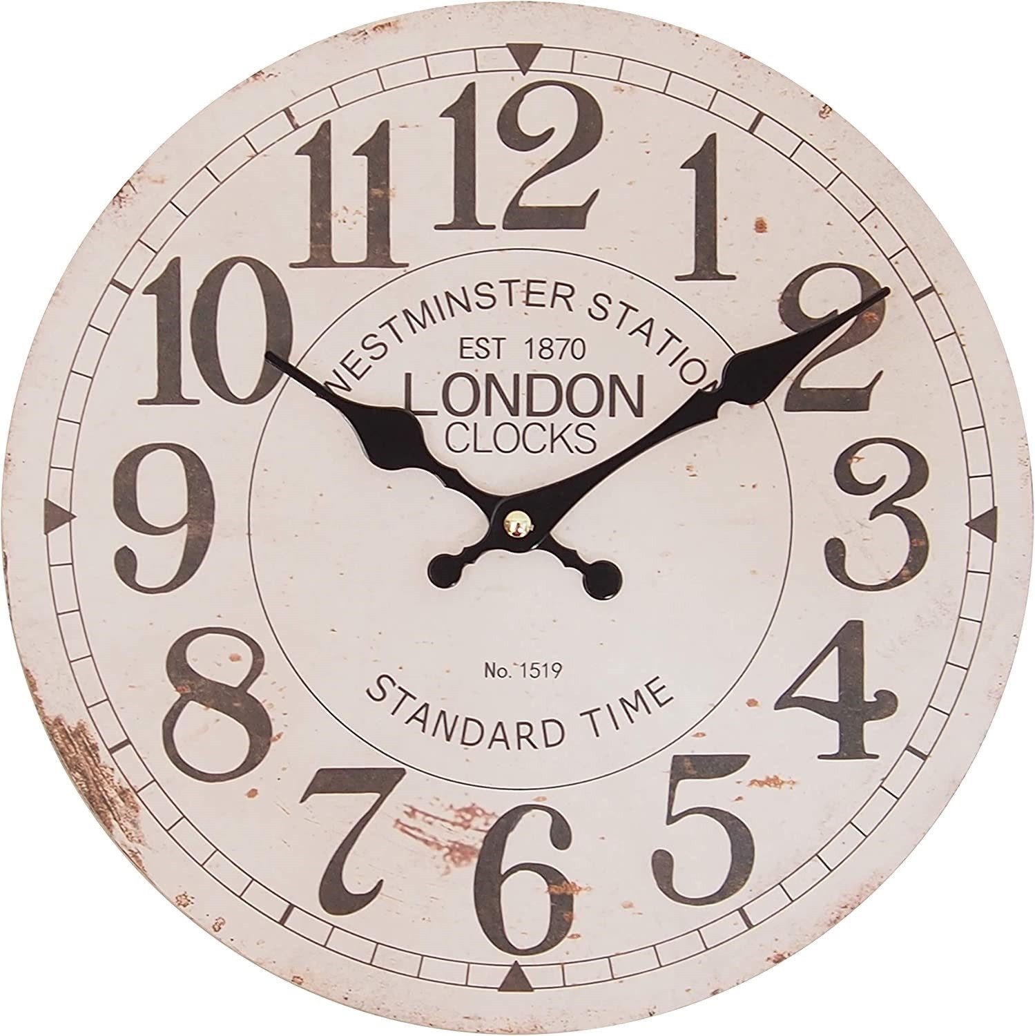 PERLA pd DESIGN Wanduhr Vintage Wanduhr 28 cm MDF Westminster Station London Retro Design (Westminster Station London, Vintage Design, MDF Gehäuse, große Zahlen)