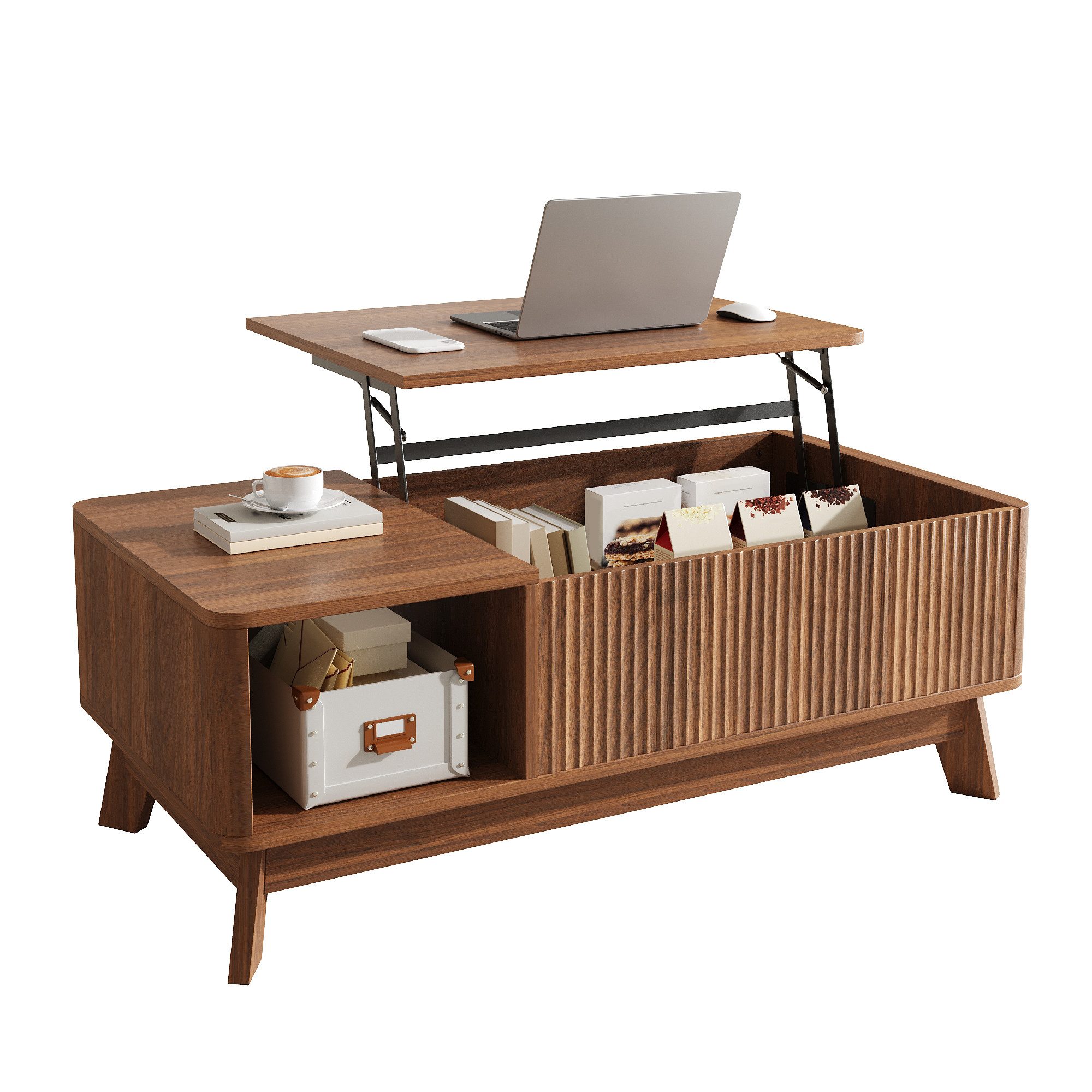 Refined Living Couchtisch Couchtisch mit Hubfunktion, Wellenoptik, Stauraum, 95x48x50 cm (Nussbaum Holzoptik – Couchtisch mit Hubfunktion, 95x48x50 cm, Wellenoptik Design, 1-St., versteckter Stauraum unter Tischplatte + Seitenfach, modern), für Wohnzimmer Sofa, Homeoffice, kleine Räume