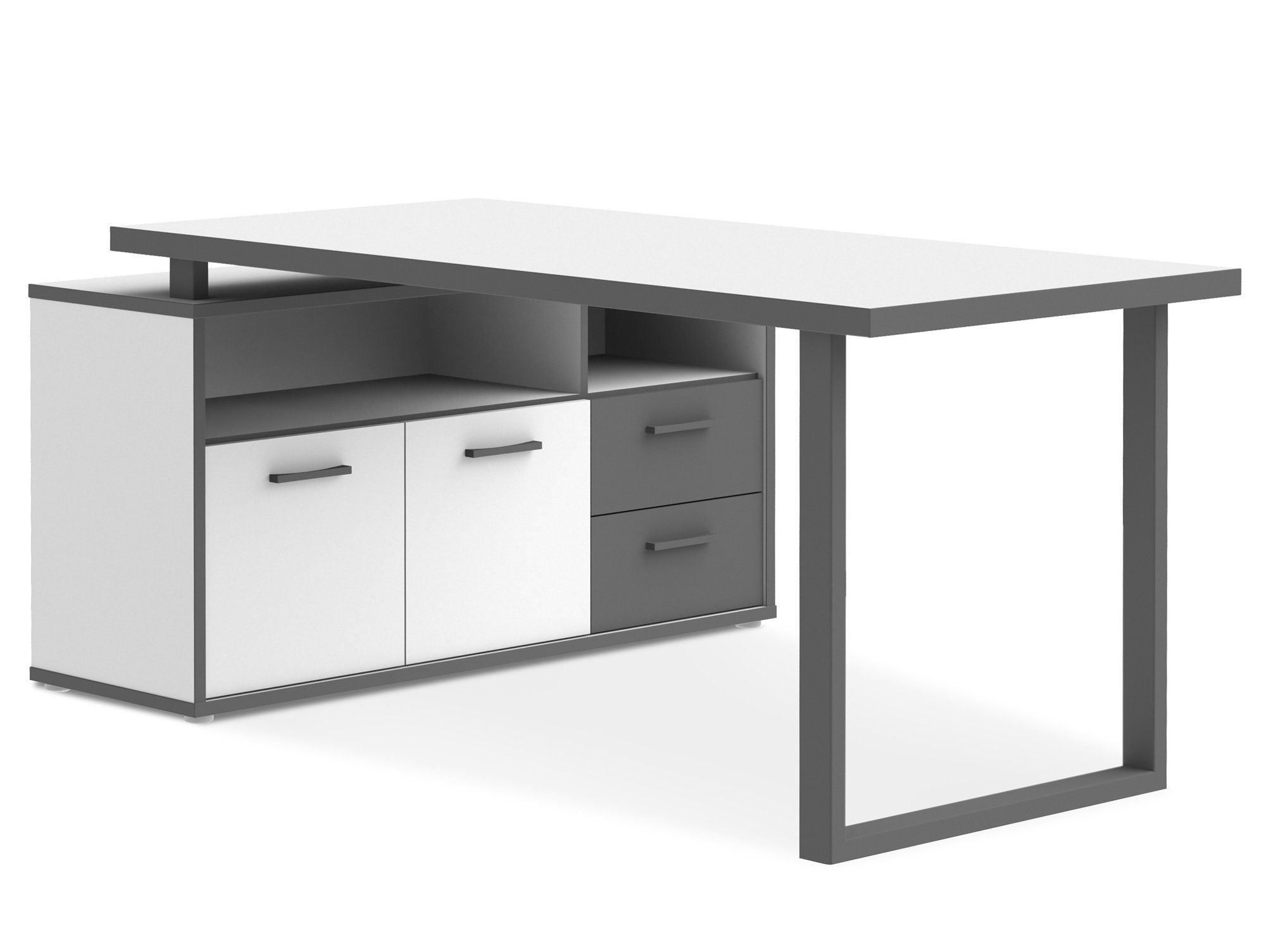 Moebel-Eins Schreibtisch, KALINA Arbeitsplatz, Material Dekorspanplatte, weiss/grau